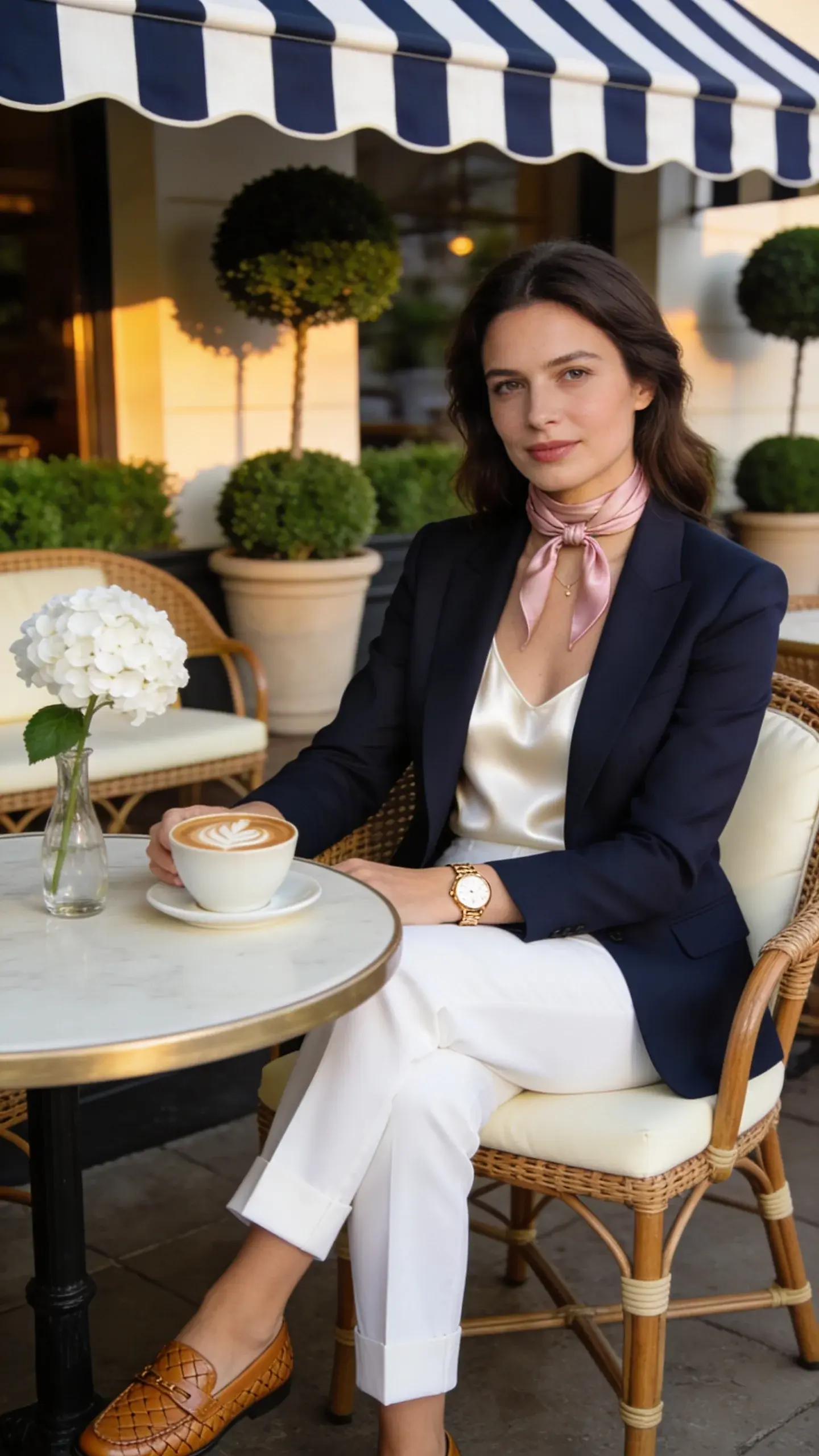 Lounge veranda scene: a woman seated at a bistro table wearing a tailored navy blazer over a silk ivory camisole, paired with pressed white ankle-length cigarette pants, tan woven leather loafers, delicate gold watch, and a thin silk scarf in soft blush tied at the neck; a cappuccino and a single white hydrangea stem on the table; wicker chairs, striped awning, and potted topiaries behind; gentle afternoon light, timeless country club aesthetic, no text.