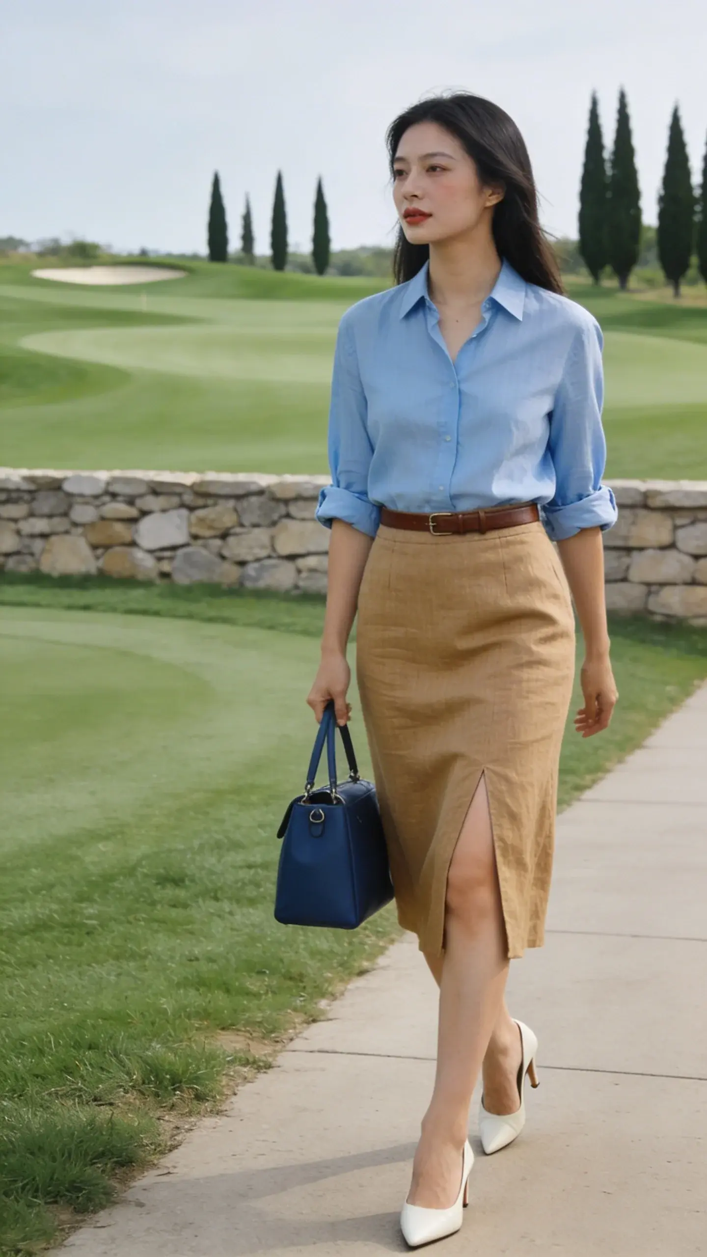 Pathway by the greens: a woman walking with relaxed confidence in a linen blend camel midi skirt with a front slit, tucked pale blue oxford shirt with rolled sleeves, thin chocolate leather belt, cream slingback kitten heels; carrying a structured navy top-handle bag; subtle makeup, glossy hair down; background includes rolling fairway, low stone wall, and distant cypress trees; refined, airy, neutral-dominant palette with a pop of blue, no text.