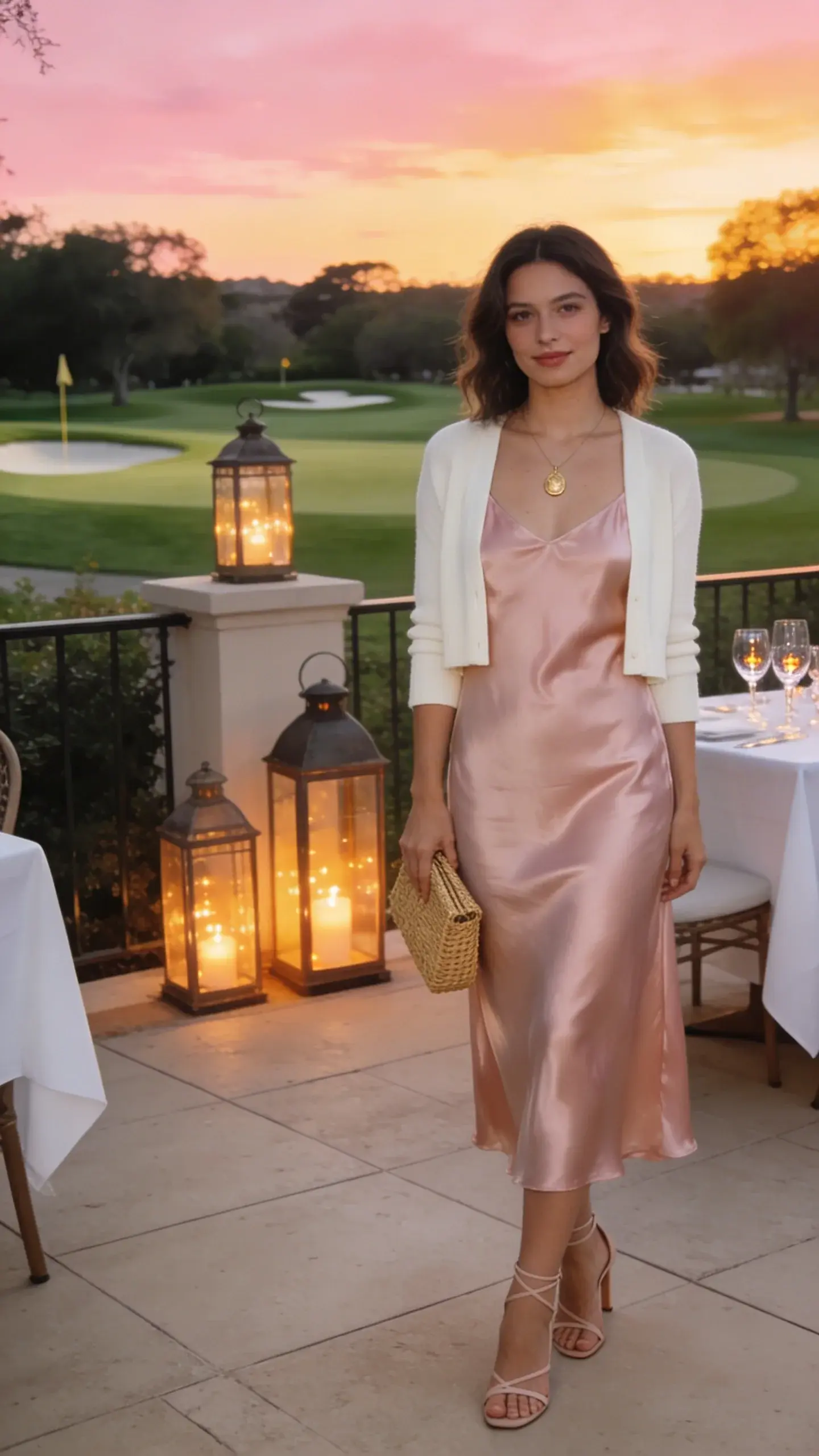 Sunset cocktail hour on the patio: a woman in a soft blush silk slip dress layered with an ivory cropped cardigan, accessorized with nude strappy low heels, a delicate gold pendant, and a small woven rattan clutch; behind her, lanterns, white tablecloths, and a view over the 18th hole; warm golden-pink sky reflecting on glassware; luxurious yet understated styling, impeccable fit and textures, no text.