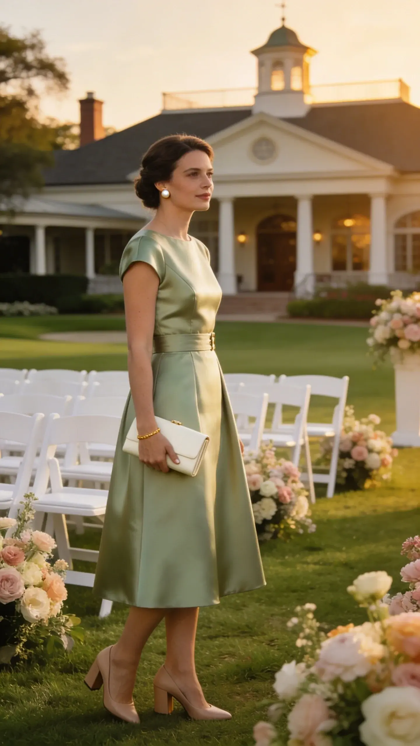 Early evening country club lawn ceremony scene: a stylish wedding guest in a tailored midi-length A-line dress in muted sage silk, cap sleeves, and a defined waist, paired with nude closed-toe block heels; she carries a small structured ivory clutch and wears pearl studs and a thin gold bracelet. Manicured lawn, white ceremony chairs, low floral arrangements in soft pastels, and a classic clubhouse facade in the background; warm golden-hour light, no text, elegant editorial style.