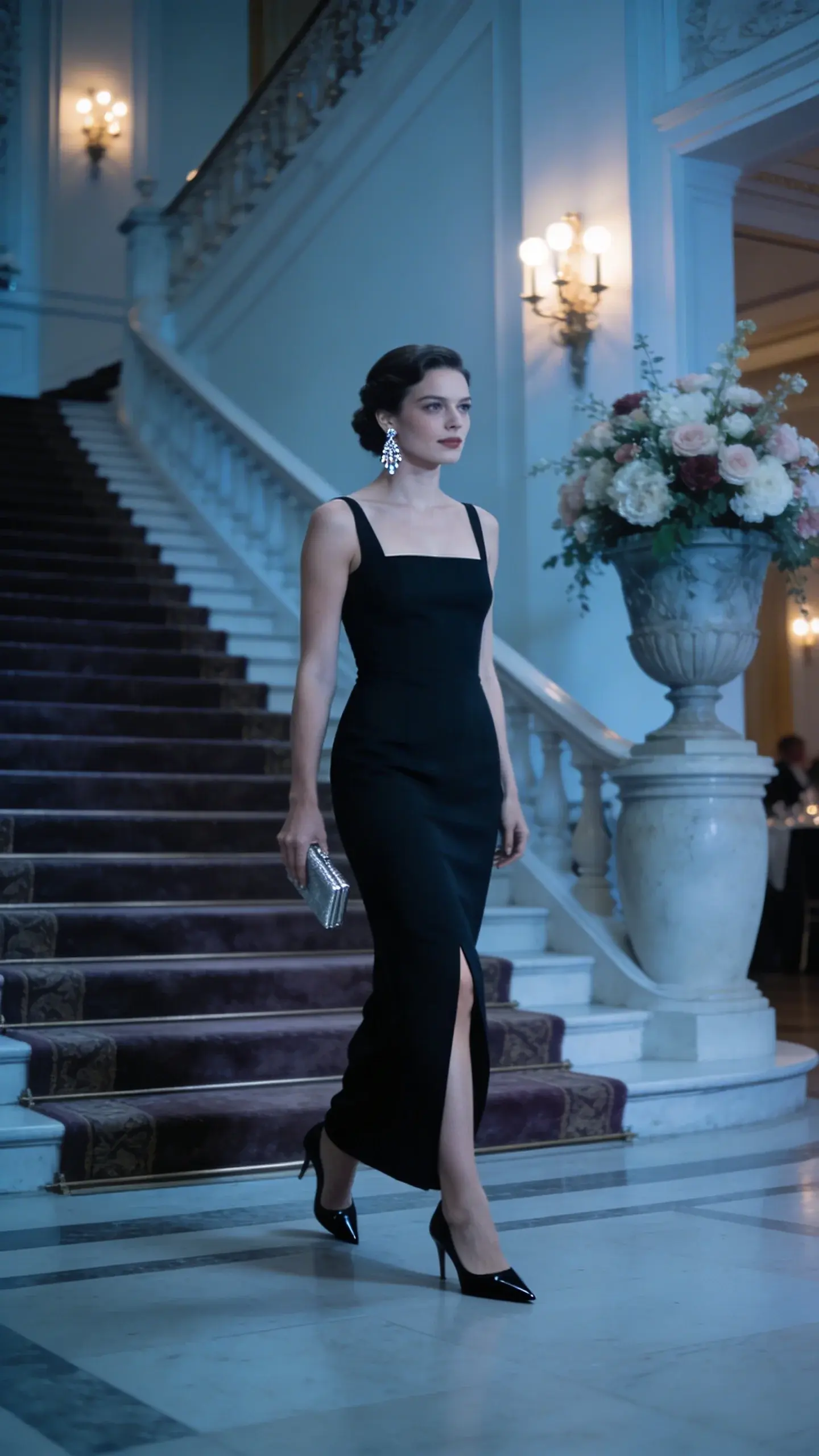 Black-tie-optional ballroom entry: a guest in a floor-length black column gown with a modest square neckline and slim straps, subtle slit to mid-calf, styled with black pointed-toe pumps, a crystal drop earring, and a slim metallic minaudière. Grand staircase with plush runner, sconces, and large floral urns nearby; cool, cinematic lighting, timeless elegance, no text.
