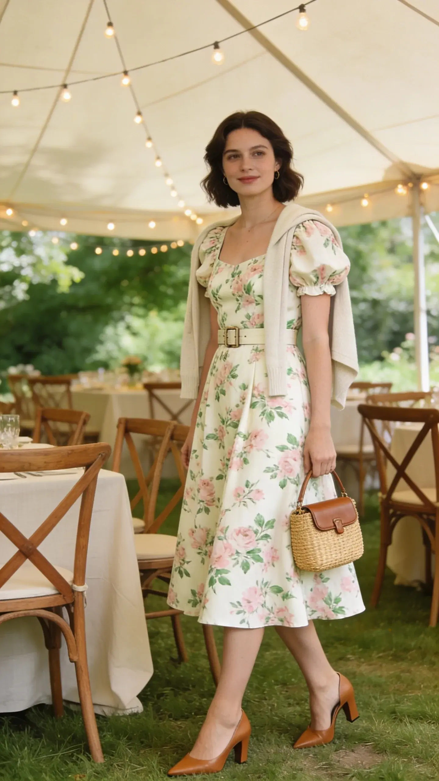Garden formal daytime reception under a sailcloth tent: a guest in a floral-print tea-length fit-and-flare dress (cream base with soft blush and green botanical pattern), short puff sleeves, and a belted waist; tan kitten-heel slingbacks, a straw-structured mini bag with leather trim, and a lightweight cardigan draped over shoulders. Wooden cross-back chairs, linen-draped tables, and string lights visible; bright natural light, fresh and preppy, no text.