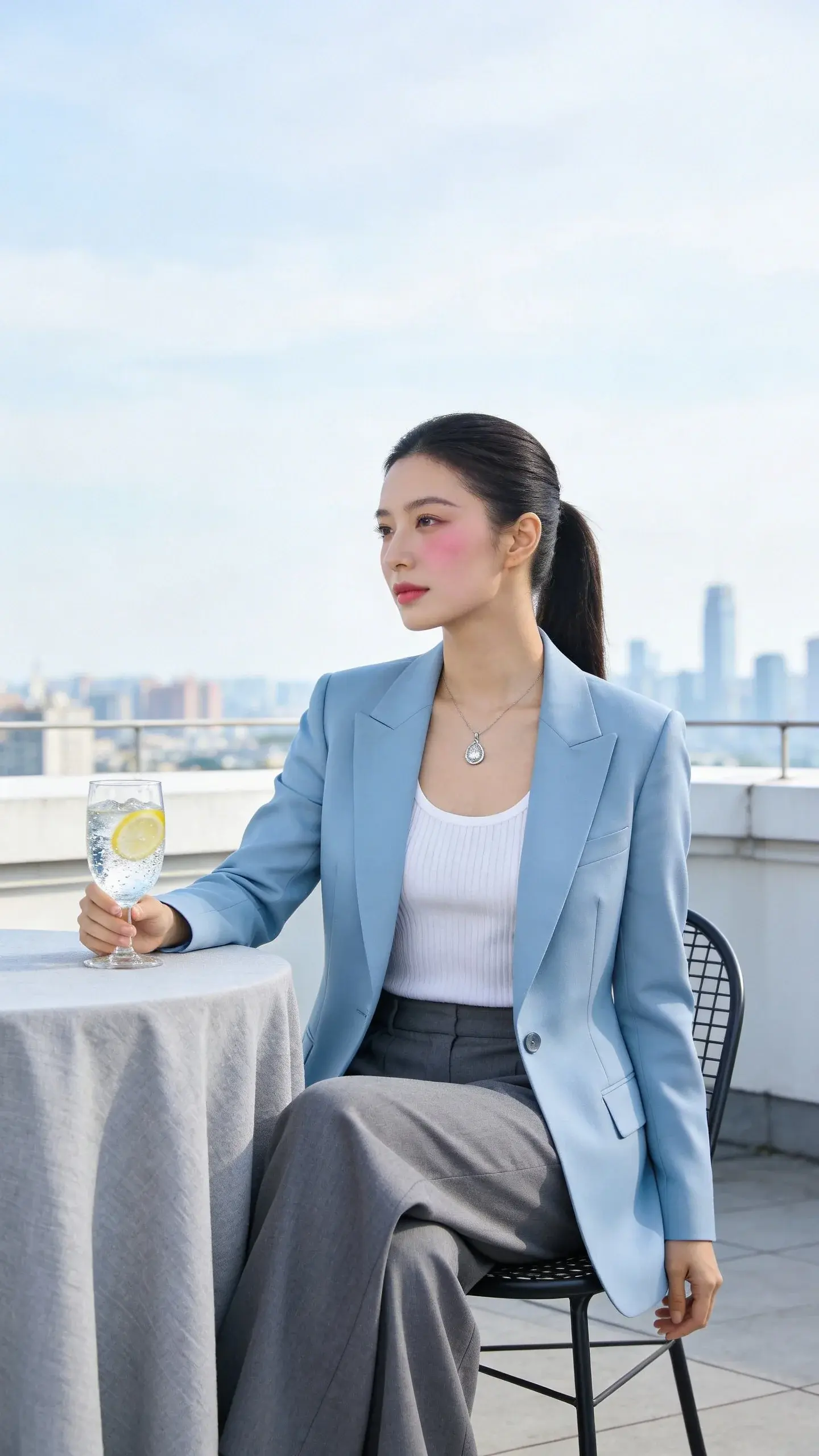Rooftop brunch scene, chic woman seated at a small round table with a pale grey tablecloth, wearing a tailored ice-blue blazer over a white ribbed tank and slate wide-leg trousers; delicate silver pendant, sleek ponytail, subtle makeup with cool blush; holding a glass of sparkling water with lemon; skyline in the distance, bright but not harsh light, cool-toned color grading emphasizing icy blues, whites, and greys; no text.