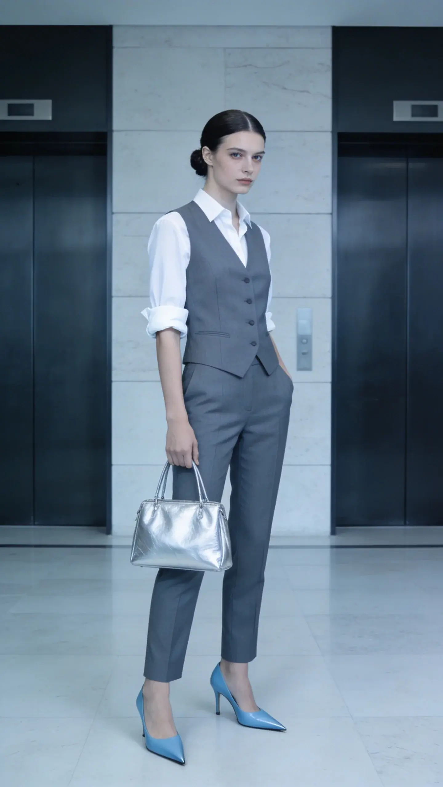 Office-to-dinner ensemble in a minimalist lobby: model in a monochrome icy palette—slate tailored vest and matching trousers, optic-white crisp shirt with rolled sleeves, pointed ice-blue pumps; sleek silver tote, hair in a polished low chignon; subtle contrast with charcoal elevator doors and pale stone walls; clean lines, cool lighting, sophisticated summer vibe; no text.
