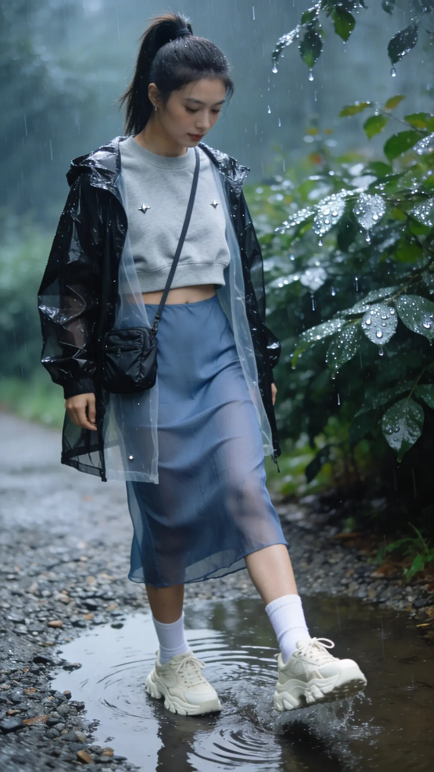 Rain-sprinkle urban park moment: a woman wearing a cropped light-gray sweatshirt over a slate-blue slip dress, topped with a thin, semi-sheer black nylon windbreaker. White crew socks with chunky off-white sneakers. Hair in a high pony; small crossbody nylon bag; minimal silver studs. She’s stepping over a puddle on a gravel path; damp greenery, glistening leaves, and soft diffuse light. Raindrops visible, subtle ripples in puddle. No text.