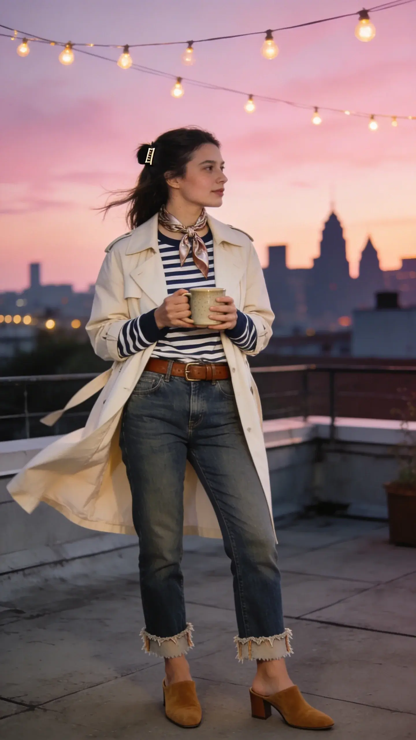 Rooftop evening hangout with string lights at dusk: a woman in a lightweight cream trench layered over a striped navy-and-white long-sleeve tee tucked into straight-leg medium-wash jeans with a raw hem. Brown leather belt, tan suede low-heel mules, and a silk scarf loosely knotted at the neck. Hair in a loose half-up clip; hands wrapped around a ceramic mug; skyline silhouette and a pink-lavender sky. Slight breeze lifts trench hem. No text.