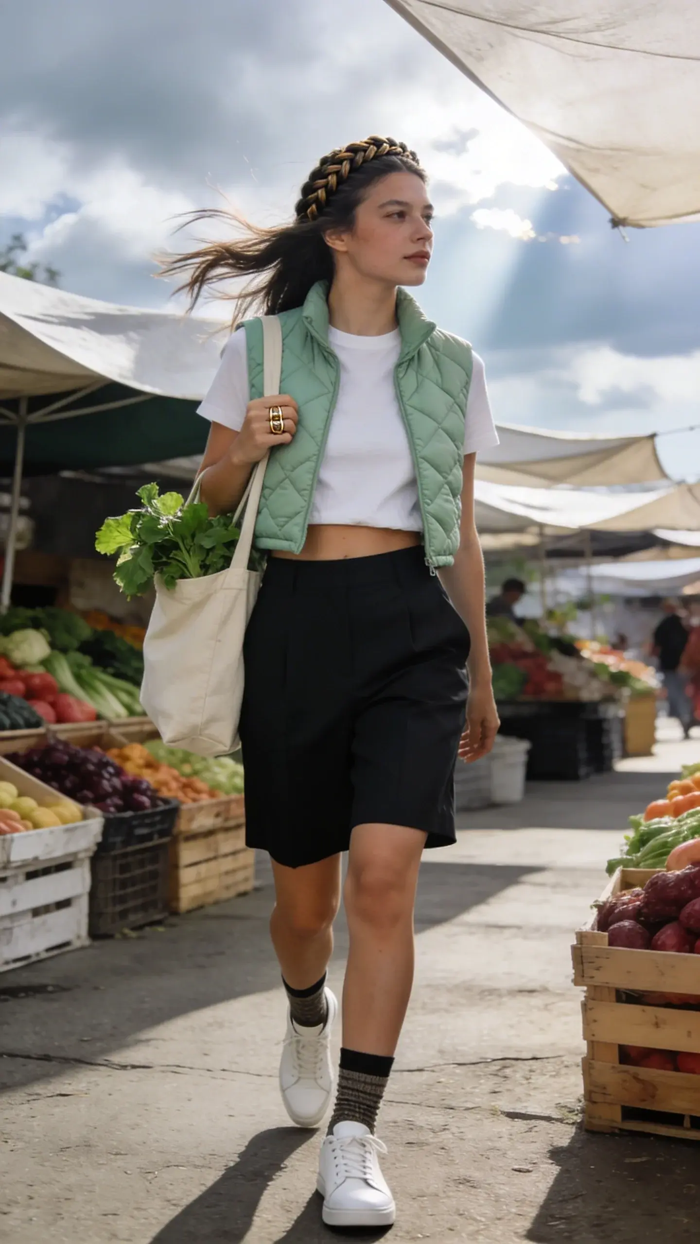 Weekend market scene on a blustery summer morning: a woman wearing a cropped quilted vest in soft sage over a white cotton tee, paired with black tailored knee-length shorts. Add white low-top leather sneakers, ankle-grazing socks, and a canvas tote with leafy greens peeking out. Hair in a braided crown; minimal makeup; subtle gold ring stack. Sunlight breaking through clouds, fabric awnings fluttering, crates of produce with rich colors; overall airy, cool-toned atmosphere. No text.