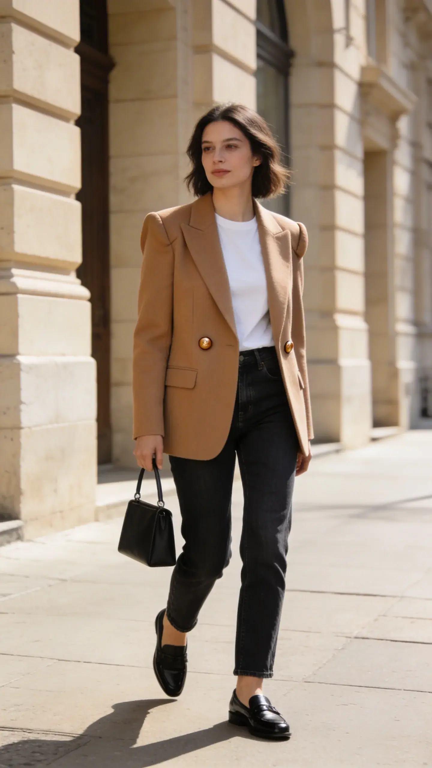A minimalist fashion editorial scene: an elegant woman walking in a sunlit city street wearing a perfectly tailored single-breasted camel blazer over a white crewneck tee and dark indigo straight-leg jeans, structured shoulders, clean silhouette, minimal pockets and two horn buttons, mid-weight wool fabric with subtle texture, paired with sleek black leather loafers and a slim black top-handle bag; soft morning light, neutral urban backdrop with beige stone buildings, warm tones, no text, high-resolution.