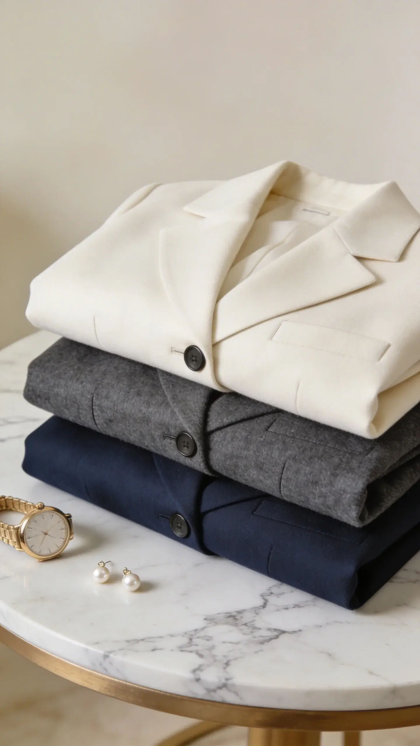 Close-up fashion still life on a marble tabletop: three neatly folded blazers stacked from top to bottom—ivory, charcoal, and navy—each in mid-weight wool, showing precise lapels, clean seams, and minimal single-button closures; a gold watch and simple pearl stud earrings placed beside them for a luxe hint; soft diffused studio lighting, creamy background, high-detail fabric texture, no text.
