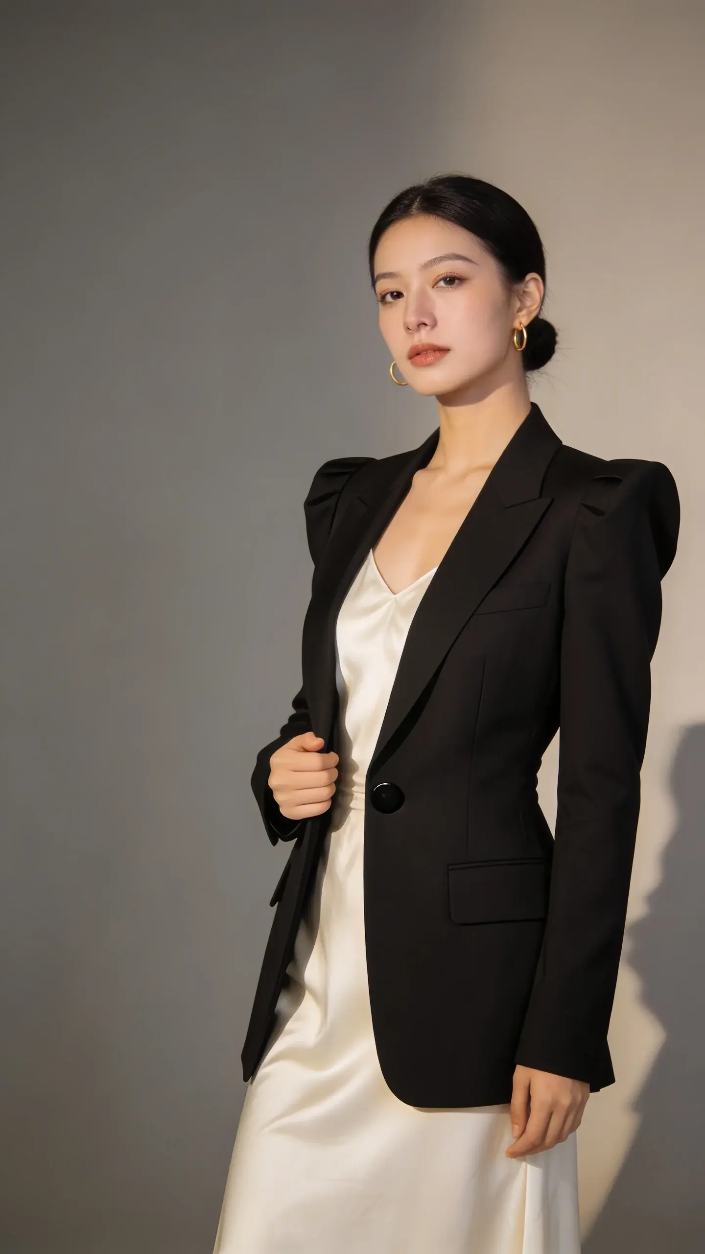 Studio portrait of a woman standing against a warm gray backdrop wearing a black tailored blazer with structured shoulders over a silk slip dress in ivory; blazer is streamlined with flapless pockets and a single matte button; she holds the lapel lightly, showcasing impeccable fit at the shoulders and waist; minimal jewelry (thin gold hoops), sleek low bun, dewy natural makeup; soft shadowing, editorial composition, no text.