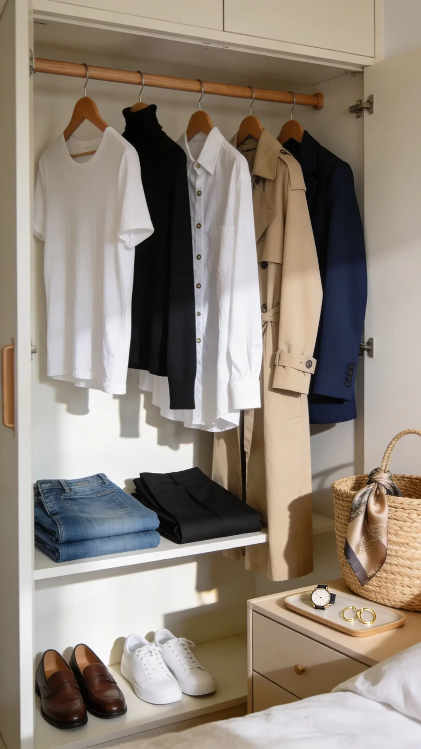 A minimalist, sunlit bedroom with an open wardrobe: neatly arranged neutral basics on wooden hangers (white cotton tee, black turtleneck, crisp white button-down, beige trench coat, navy blazer), folded straight-leg blue jeans and black trousers on a shelf, leather loafers and white sneakers lined up below, a woven basket with a silk scarf, and a small tray with a watch and gold hoop earrings on a dresser; soft morning light, warm neutral palette, no people.