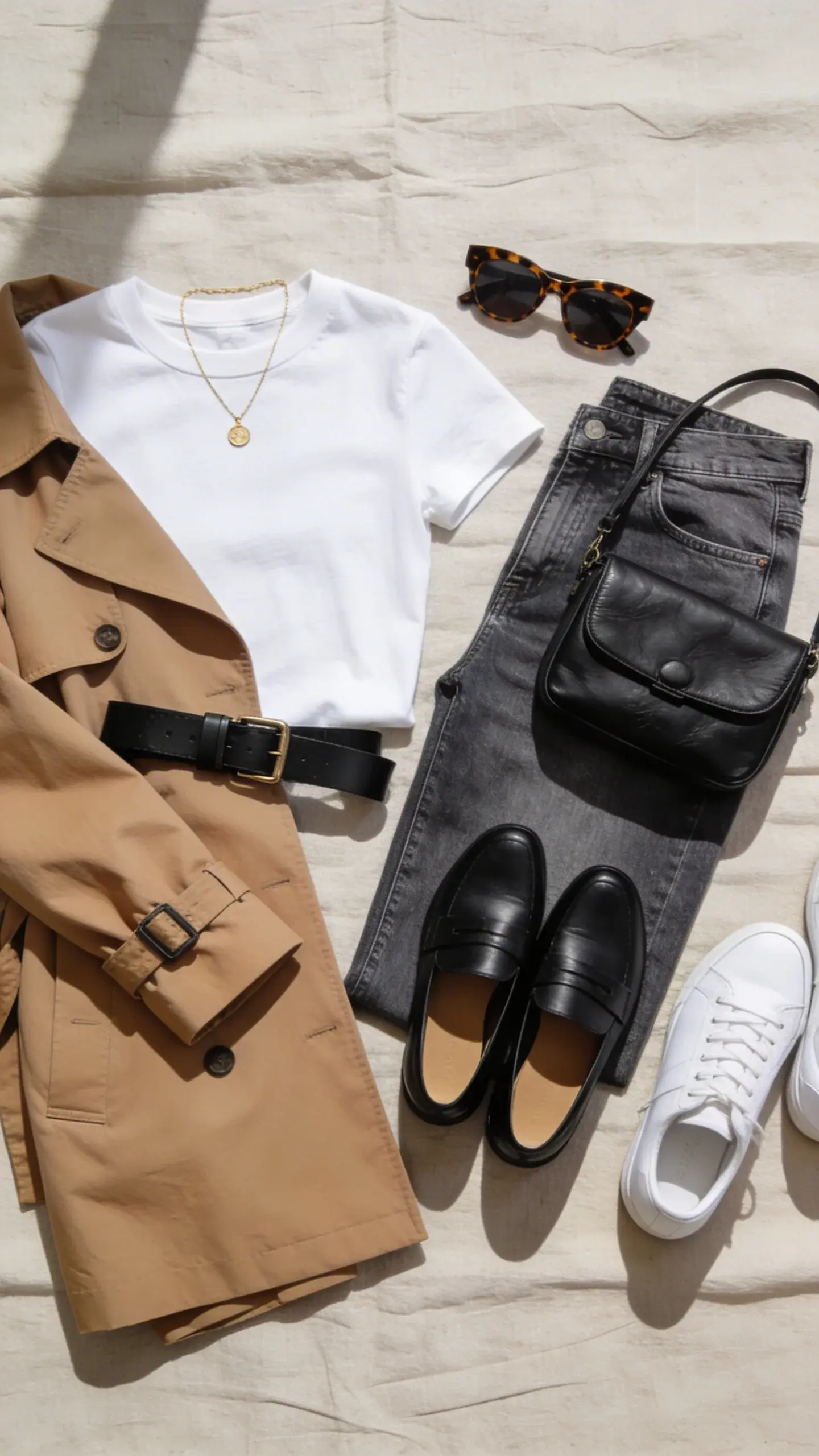 Flat lay on a textured linen backdrop showing a classic capsule outfit: white crewneck tee, medium-wash straight jeans, camel trench coat folded, black leather belt, black loafers, white sneakers, a slim gold necklace, tortoiseshell sunglasses, and a structured black leather crossbody; overhead shot with natural shadows and crisp detail.