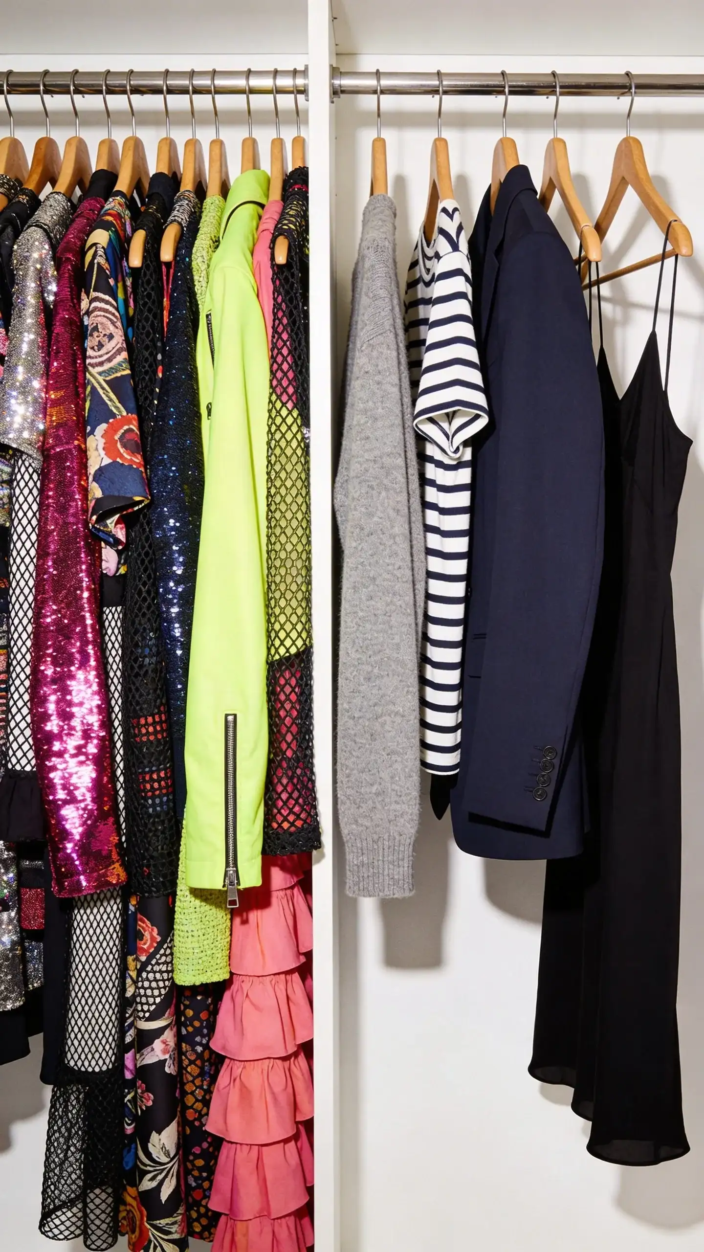 Side-by-side wardrobe contrast: left half shows a crowded rack of flashy, highly patterned, colorful trendy items (sequins, mesh, neon, ruffles) crammed together; right half shows a calm, curated rack of high-quality basics (gray cashmere sweater, striped Breton tee, navy blazer, black slip dress) spaced evenly on matching wooden hangers; clean studio lighting, modern aesthetic, no text.