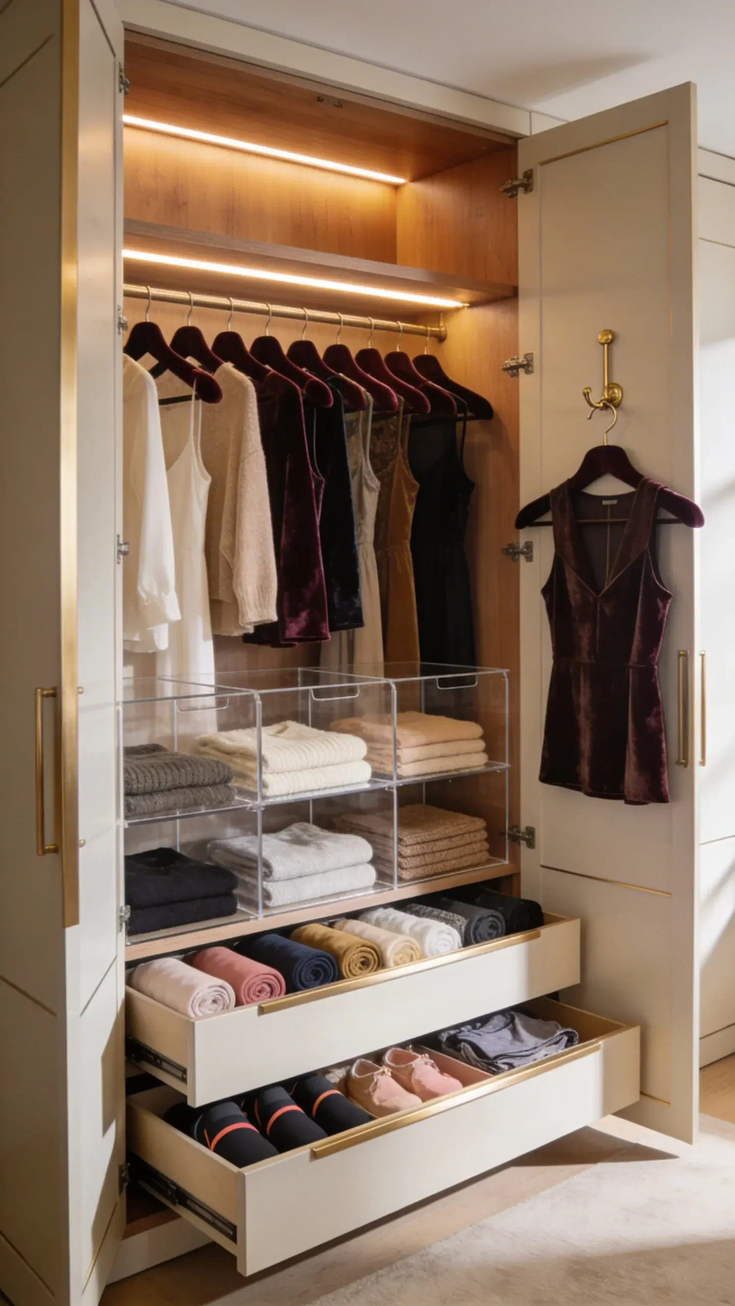 A small modern bedroom cabinet transformed into a boutique-style closet: double doors open to reveal uniform velvet hangers with color-coordinated tops and dresses, acrylic shelf dividers separating neatly folded sweaters, labeled linen bins on the top shelf, pull-out drawers with rolled workout wear and sleepwear, a soft LED light strip illuminating warm wood shelves, a small brass valet hook with tomorrow’s outfit, neutral palette with subtle gold accents, natural morning light, no text, ultra-realistic.