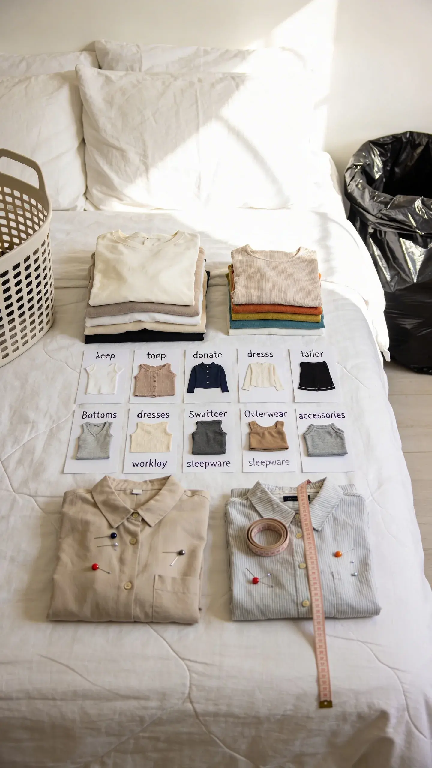 A minimalist “ruthless edit” scene on a bed: three clearly defined piles—keep (neatly folded, curated basics), donate (a small stack with varied colors), tailor (two garments with visible pins and a soft measuring tape), categories laid out in rows (tops, bottoms, dresses, sweaters, outerwear, workout, sleepwear, accessories), a laundry basket and a sleek black trash bag to the side, airy white bedding, warm sunlight, editorial overhead shot, no text.