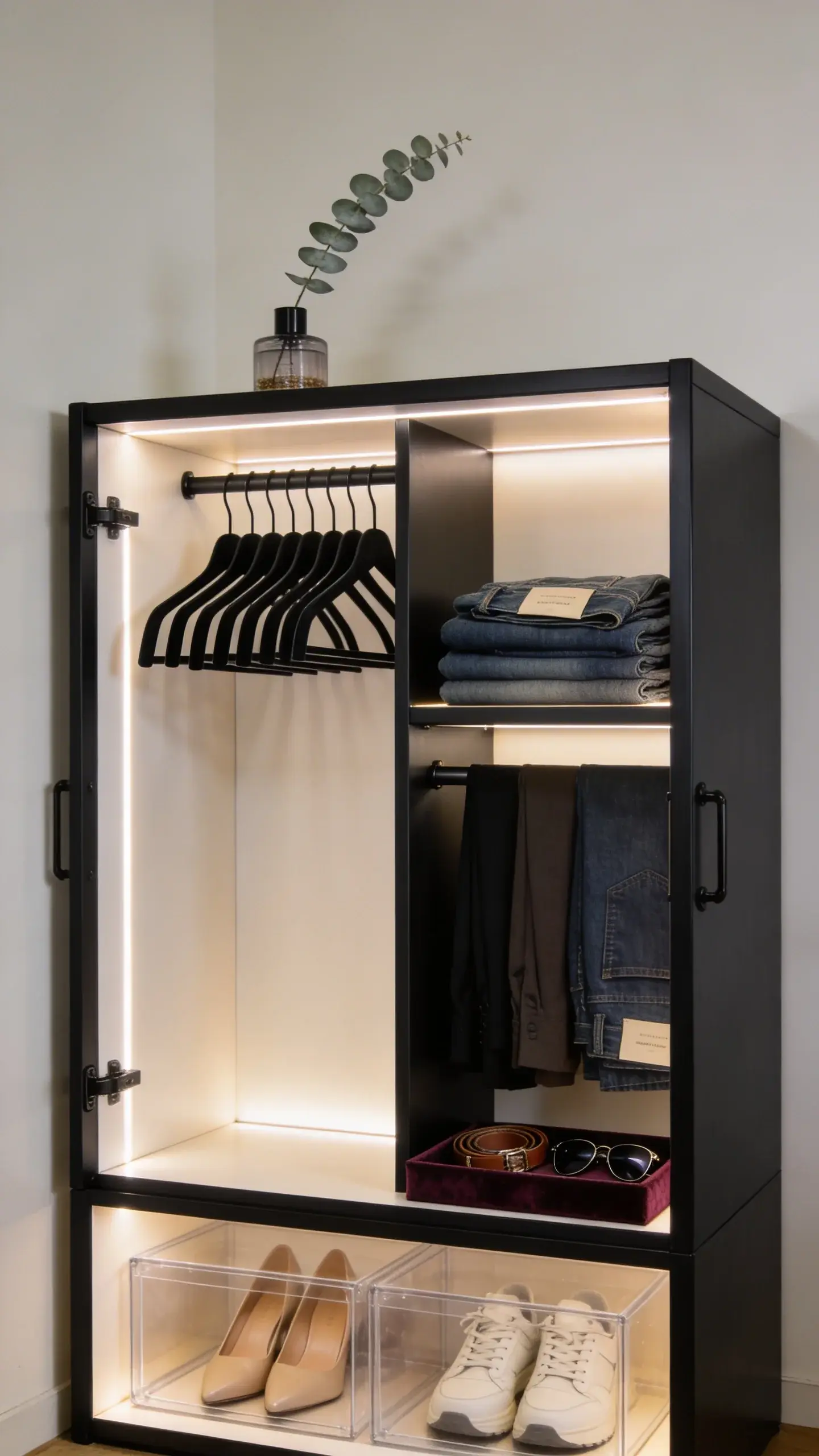 Inside a compact cabinet with a luxe feel: left side short-hang section with evenly spaced slim black hangers, right side two adjustable shelves holding stacked denim and trousers with label-facing folds, clear shoeboxes at the bottom with visible neutral heels and sneakers, a velvet-lined tray for belts and sunglasses, a small diffuser and a single sprig of eucalyptus on the top shelf, matte black hardware, soft LED glow, clean contemporary aesthetic, no text.