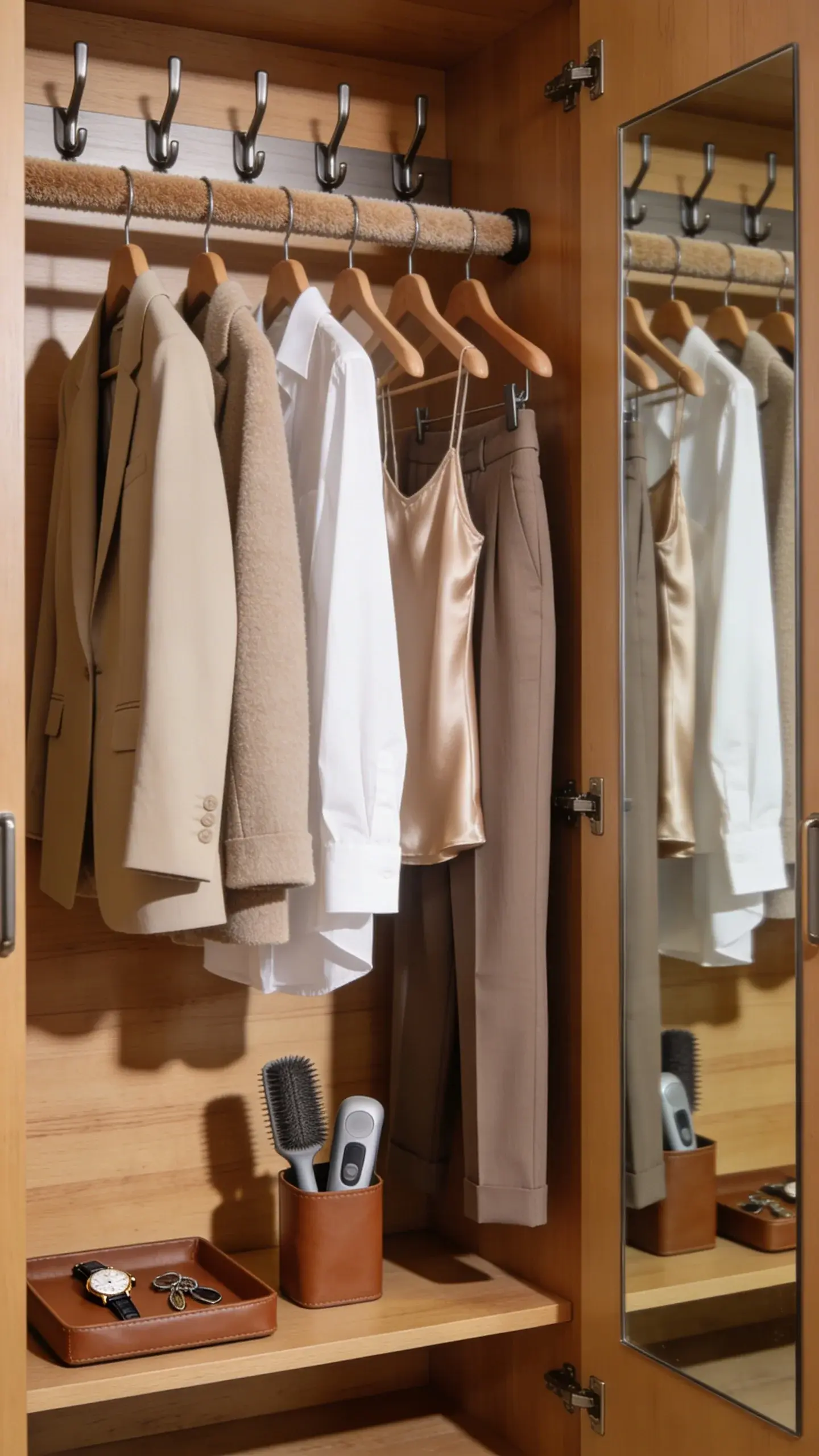 Boutique-inspired outfit station: a narrow cabinet door interior outfitted with sleek hooks and a felt-lined rail displaying a capsule of 8–10 coordinated pieces (neutral blazers, crisp white shirt, satin cami, tailored trousers), a small shelf with a leather tray for watch and keys, a lint brush and fabric shaver in a slim caddy, a full-length mirror on the opposite door reflecting the scene, warm oak tones, daylight ambiance, no text.