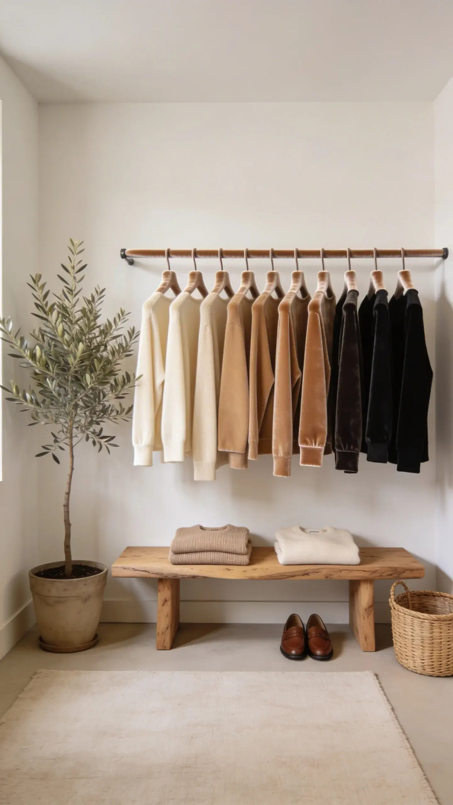 A small walk-in closet styled like a chic boutique: a single rail with 12 neutral-toned garments (creams, camels, blacks) evenly spaced on matching slim velvet hangers, organized by color light-to-dark; a low natural-wood bench below with two neatly folded cashmere sweaters and leather loafers; warm diffused lighting, a pale rug, a single potted olive tree, and a rattan basket tucked in the corner; clean white walls and a soft, airy vibe; no text.