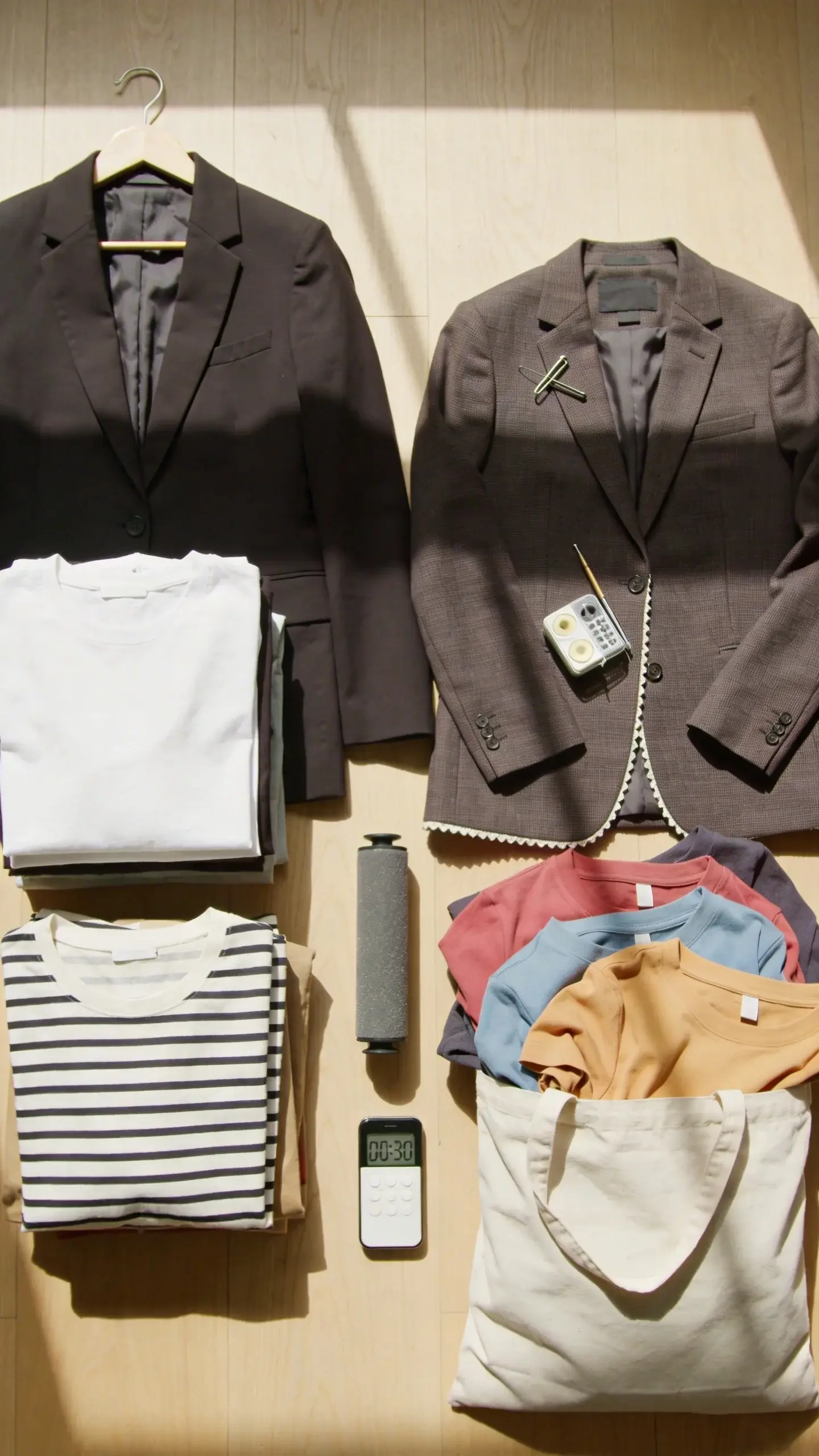 A top-down flat lay of a 30-minute declutter session: three labeled piles indicated only by arrangement, not text—left: crisp “Keep” stack of neatly folded quality tees and a classic blazer on a hanger; middle: “Tailor/Clean” with a blazer showing pinned hem and a small sewing kit and lint roller beside it; right: “Donate” pile of gently used colorful tops folded loosely with a reusable tote bag; include a timer/phone showing 00:30 on a light wood floor; bright natural light.