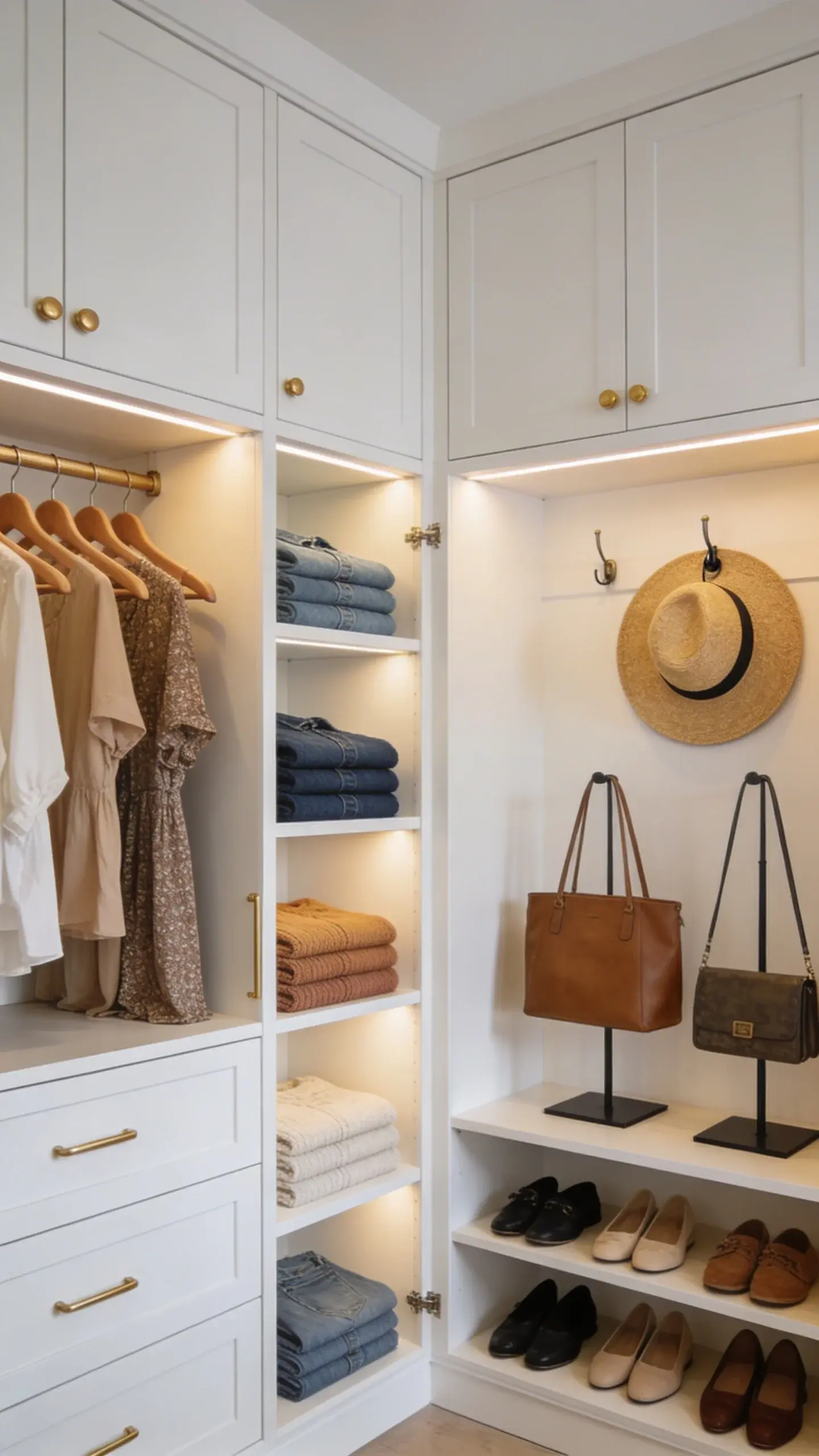 An open wardrobe with boutique-style zoning: left bay for blouses and dresses on uniform wooden hangers, middle shelves with color-coordinated denim and knits folded identically, right bay with handbags upright on display stands and shoe shelves below (pairs facing forward), a single statement straw hat on a hook, soft spotlighting on each section; minimal, modern aesthetic with white cabinetry and brass hardware.