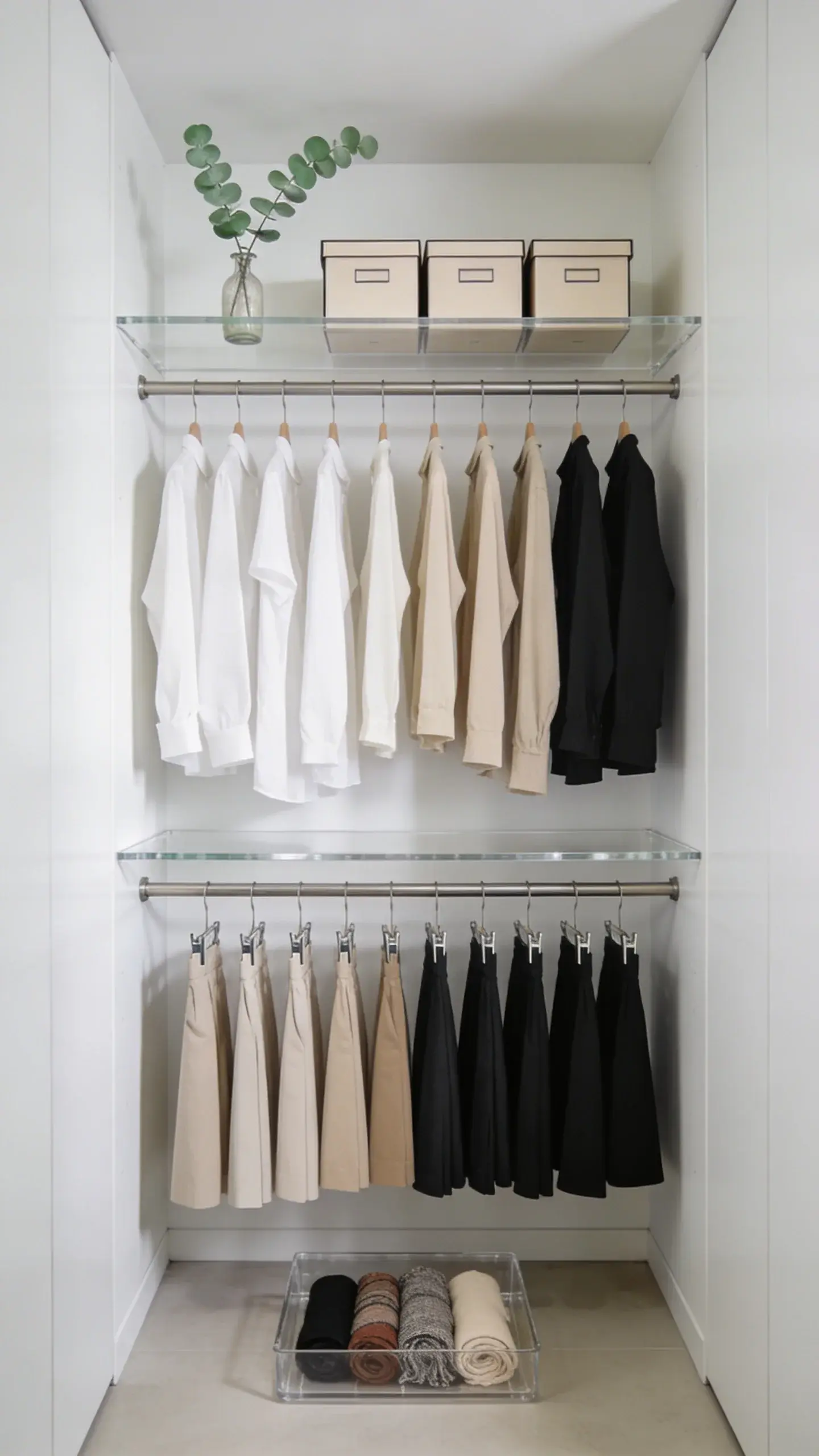 A narrow reach-in closet transformed with symmetry: double hanging rods; top rod featuring a capsule collection of 10 pieces in a cohesive palette (white, beige, black) spaced with room between, bottom rod with trousers and skirts clipped evenly; a slim acrylic shelf above holding three identical storage boxes; a clear acrylic tray on the floor with rolled scarves; a single eucalyptus branch in a small vase on an upper shelf; clean, magazine-ready composition.