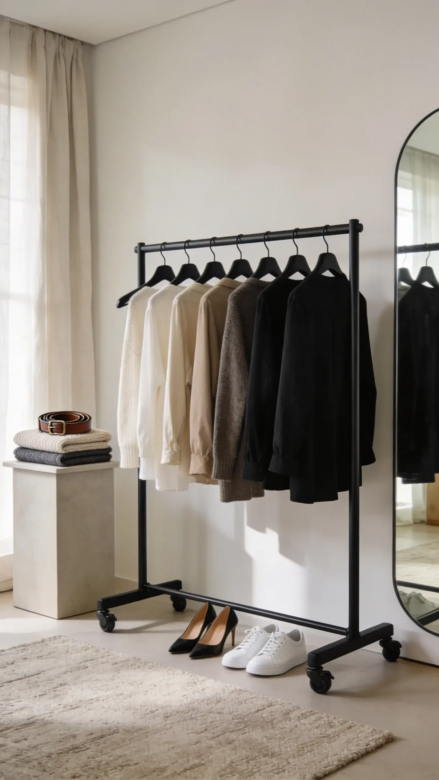 A serene dressing nook vignette: rolling garment rack with a curated week’s wardrobe (7 pieces) arranged light-to-dark, all on matte black matching hangers; nearby pedestal with a neatly folded sweater stack and a leather belt coiled on top; minimal full-length mirror reflecting the rack, soft linen curtains, textured neutral rug; a pair of heels and white sneakers aligned beneath the rack; soft morning light, high-end boutique feel.