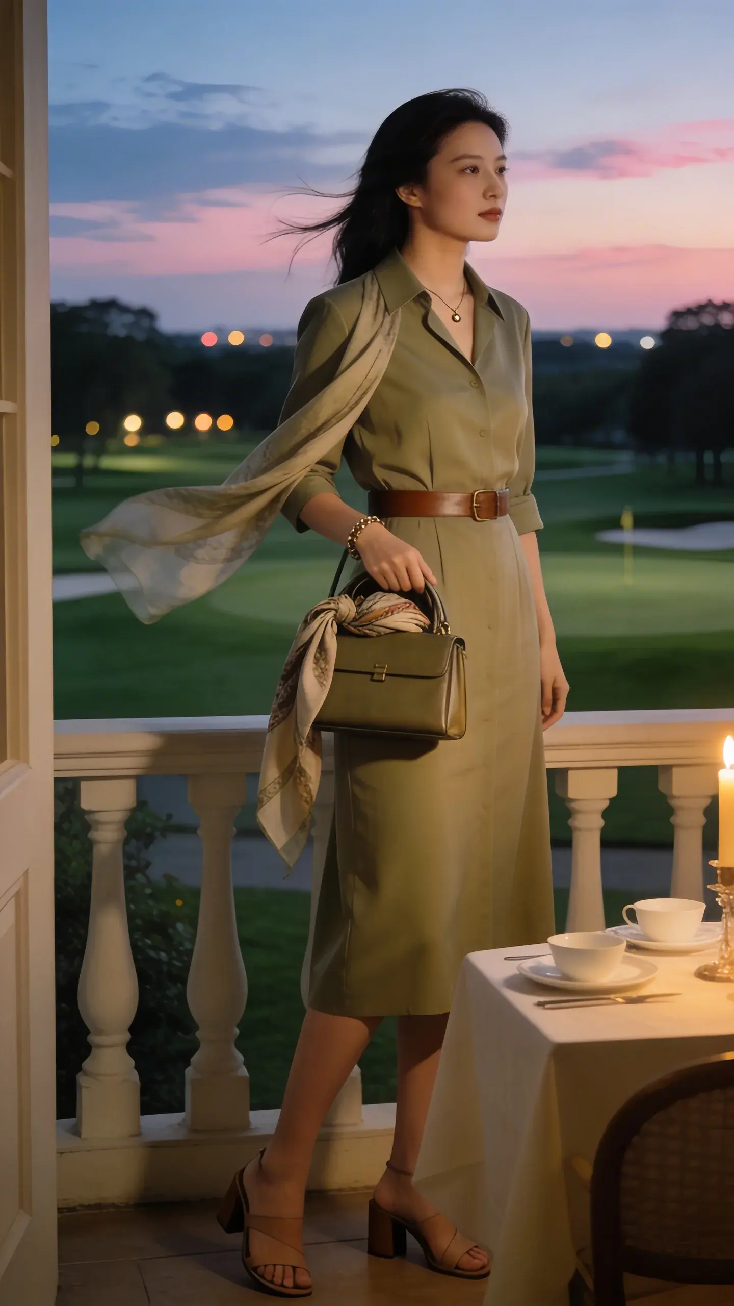 Early evening transition to dinner on a veranda overlooking the course: an elegant woman in a tailored midi shirt dress (soft olive or sand), cinched with a slim leather belt, paired with low block-heel sandals; lightweight scarf casually tucked into a structured top-handle bag, delicate necklace and bracelet; table set with simple white dinnerware and a single candle, subtle bokeh lights, calm twilight sky, sophisticated and restrained color scheme.