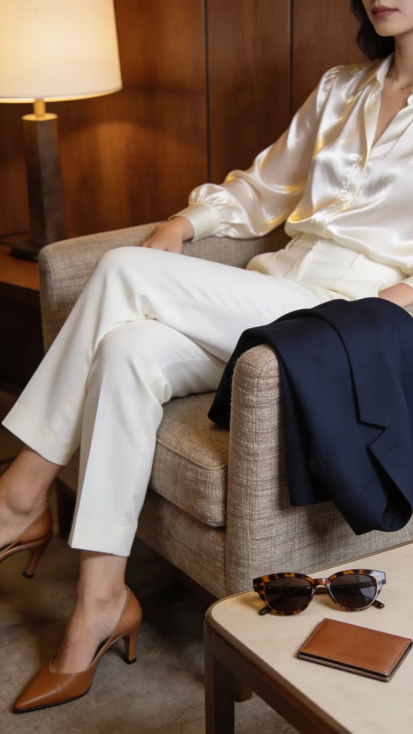A quiet clubhouse lounge interior vignette: a woman seated on a linen-upholstered armchair wearing a monochrome ensemble—cream silk blouse with subtle sheen, straight-leg ivory trousers, tan slingback heels; a navy blazer folded neatly over the armrest, tortoiseshell sunglasses on a side table next to a neat leather cardholder; muted palette, warm wood paneling, soft lamp light, no visible logos, atmosphere of polished ease.