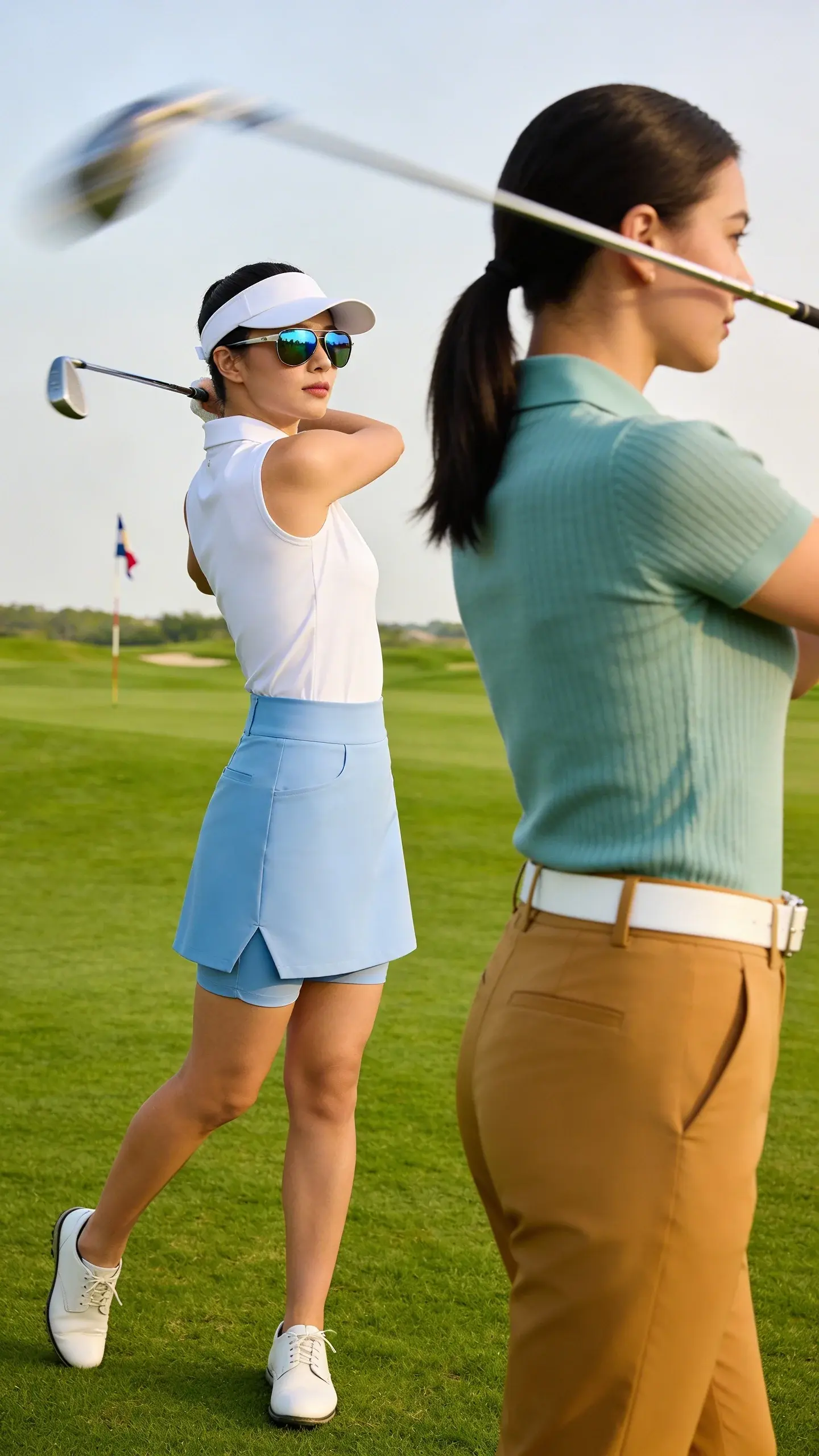 On a golf course at mid-morning: two women mid-swing and observing etiquette. Player wears tailored white sleeveless golf polo, high-waisted A-line pastel blue golf skirt with built-in shorts, white visor, mirrored sunglasses, white leather golf shoes; companion wears short-sleeve collared knit in soft sage, ankle-length tan performance chinos, white belt, hair in a neat ponytail; lush fairway, flag in distance, clean, bright sports photography.