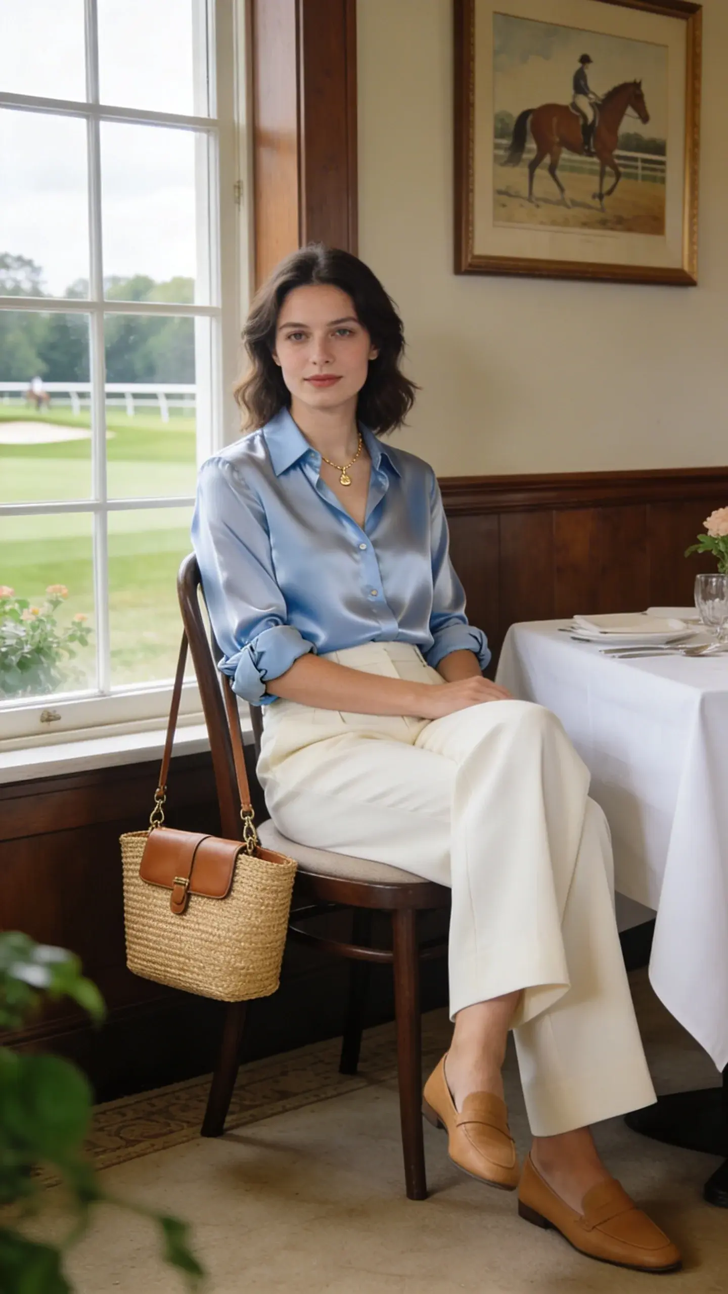 Country club dining room at lunch: woman seated at a white-linen table near a window. Outfit: tailored wide-leg cream trousers, tucked-in pale blue silk button-down with rolled cuffs, slim tan loafers, delicate gold necklace, structured straw-and-leather handbag hanging on chair; background shows quiet, refined interior—wood paneling, framed equestrian prints, soft greenery; natural window light, lifestyle editorial feel.