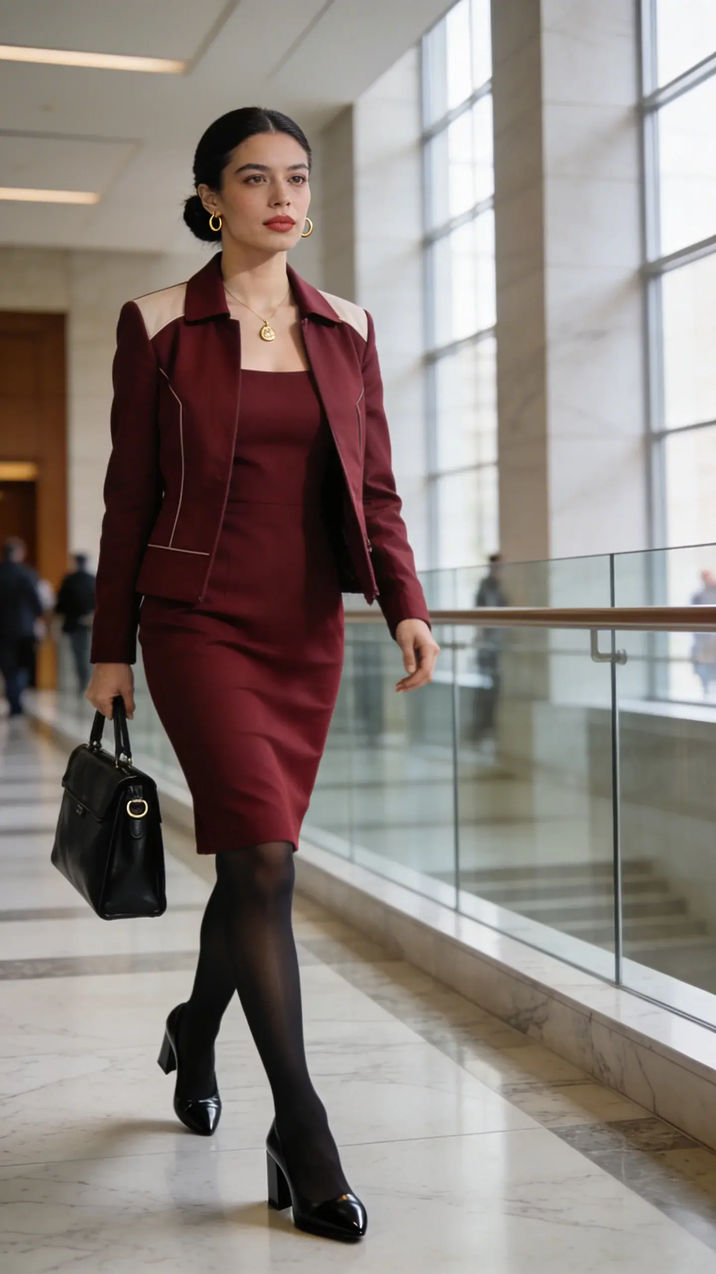 Realistic, high-resolution fashion photograph of a poised female attorney walking through a modern courthouse corridor between hearings, embodying “The Smooth Operator.” She wears a knee-length, fitted sheath dress in deep burgundy with a subtle matte finish, paired with a collarless, structured jacket in coordinating burgundy with clean seams and light shoulder structure. Footwear: black leather block-heel pumps with an almond toe. Legs: opaque true-black tights. Accessories: a delicate gold pendant necklace at clavicle length, small gold hoop earrings, and a medium-sized black leather satchel with minimal, polished hardware carried in hand. Hair: sleek low bun; makeup polished and natural (satin skin, defined brows, muted rose lip). Lighting: soft, directional daylight from floor-to-ceiling windows, creating gentle highlights on the jacket and bag. Background: airy marble-and-glass courthouse interior with blurred figures and architectural lines; neutral palette to keep focus on the outfit. Pose: mid-stride, confident, eyes forward, jacket open to show the sheath’s clean silhouette. Camera: 50mm lens, eye-level, shallow depth of field to subtly blur background. Color grading: cool-neutral with a hint of warmth on skin tones to avoid severity. No logos, no text.