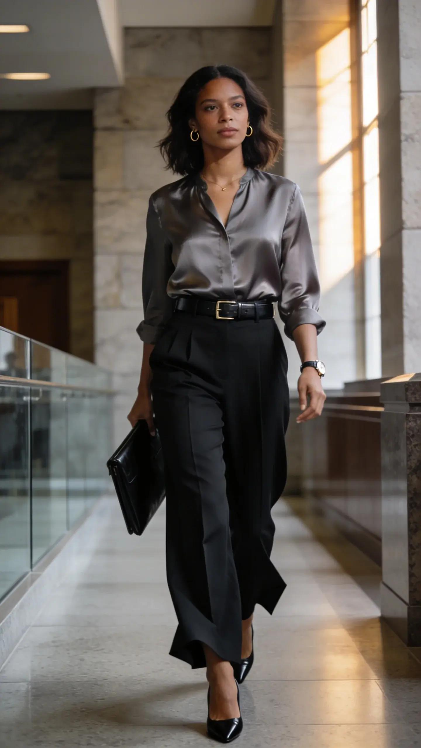 Realistic high-fashion courtroom corridor scene featuring a confident professional woman in her early 30s, medium brown skin, natural shoulder-length waves, walking with purpose. She wears high-waisted wide-leg trousers in deep black with sharp front creases and a slight puddle break, paired with a fluid silk blouse in soft dove gray, subtly luminous with a satin finish, tucked neatly. Add a slim polished black leather belt with a low-profile brushed metal buckle, and almond-toe black leather heels. Minimal jewelry: small gold hoops and a delicate watch. She carries a structured black leather portfolio. The setting is a modern courthouse interior with stone walls, glass panels, and cool ambient lighting that hints at fluctuating AC—light movement in the blouse fabric. Camera at waist height, 50mm lens, shallow depth of field; subject in crisp focus, background softly blurred with warm sunlight streaks from tall windows. Color palette: monochrome neutrals with gentle contrast, emphasizing luxe textures—matte wool, glossy silk, polished leather. Natural skin texture, no retouching, editorial quality, high resolution, no text.