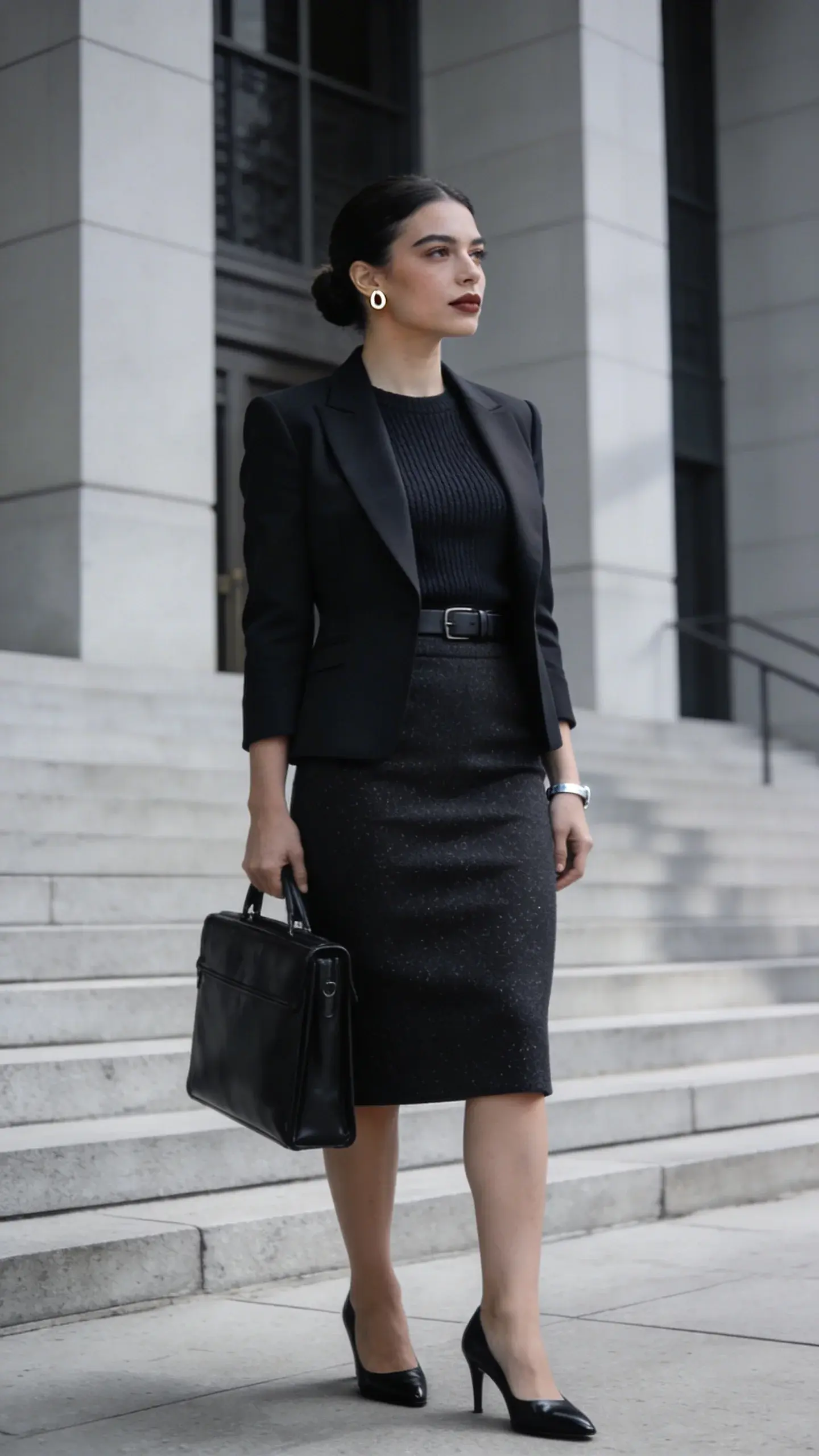 Realistic high-fashion editorial photo of a trial-ready female attorney in a monochrome power ensemble, standing confidently outside a modern courthouse. She wears a deep charcoal monochrome look: fine-gauge knit shell, matching slim pencil skirt that hits just below the knee, and a sharp-shouldered, tailored blazer in the same color family. Subtle texture mixing within the single hue: matte crepe blazer, soft knit top, and lightly sheened wool-blend skirt. Accessories are tone-on-tone and minimal: slim charcoal leather belt, tiny white-gold huggie earrings, sleek silver cuff, and low-profile black leather pumps. Hair is smooth in a low bun, natural makeup with defined brows and a satin-matte lip. She carries a structured black leather briefcase at her side. Overcast daylight for soft, flattering shadows; background features clean architectural lines and pale stone steps that enhance the monochrome impact. Composition is waist-up to mid-thigh, angled three-quarters with the subject looking poised and focused, shallow depth of field, high-resolution, editorial quality, no text.