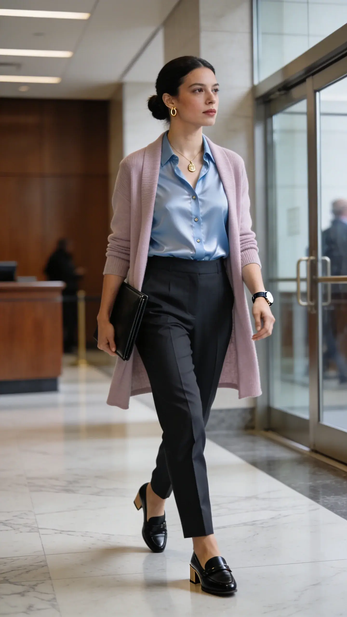 Realistic high-resolution courtroom hallway photo of a professional woman attorney heading to court, captured mid-stride in soft natural light. She wears elevated separates: high-rise tailored trousers in charcoal with a sharp crease, a silky button-up blouse in pale blue tucked neatly, and a fine-gauge collarless cardigan in light taupe draped open. Footwear: almond-toe black leather loafers with a subtle stacked low heel. Accessories: a delicate gold pendant necklace, small gold hoop earrings, a slim black leather portfolio held in one hand, and a simple watch. Hair is neatly pulled into a low bun; makeup is polished and natural. Background shows a modern courthouse corridor with marble floors, wood-paneled walls, glass doors, and blurred figures for context. The overall vibe is strategic and modern—crisp lines, clean color palette, and flattering, camera-ready textures. Shot at eye level, 50mm lens look, shallow depth of field, soft directional lighting, no text.