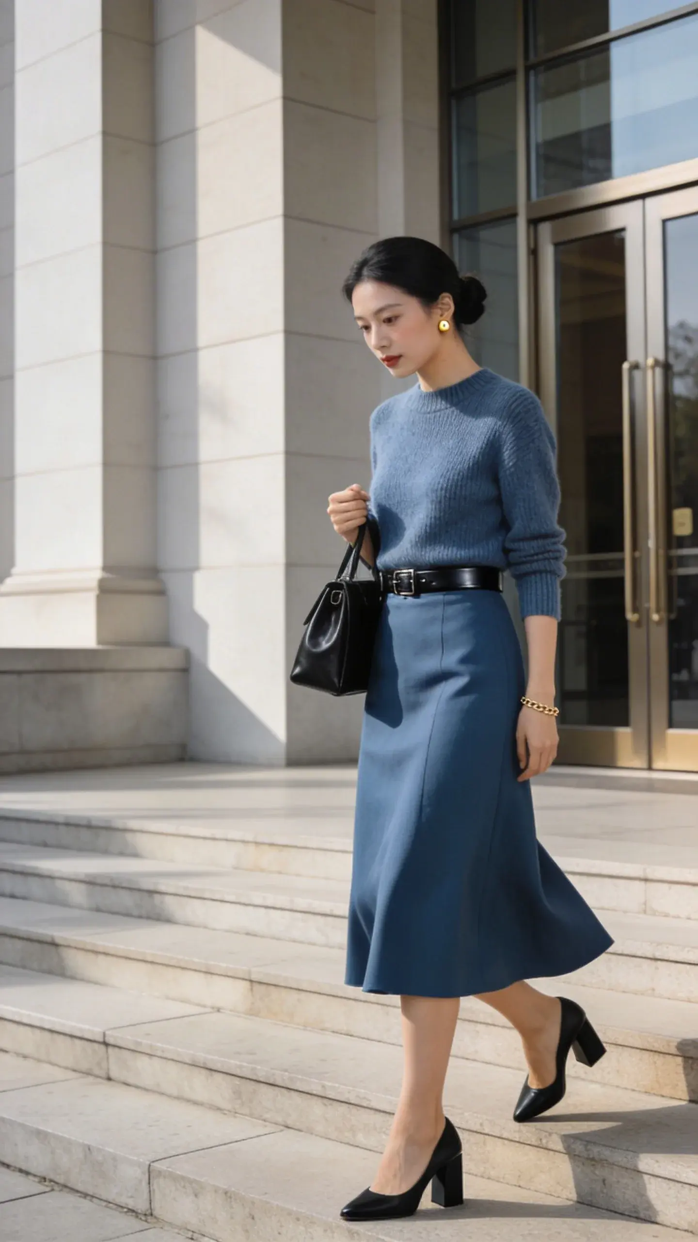 Realistic high-quality photo of a poised woman arriving at a courthouse, styled for a hearing. She wears a steel blue A-line midi skirt that falls mid-calf and a matching fine-knit crewneck sweater, subtly fitted. A thin black leather belt defines her waist. Footwear: closed-toe black block-heel pumps (no platform). Accessories: small gold stud earrings and a delicate thin gold chain bracelet. She carries a medium, structured black leather handbag with minimal hardware in the crook of her arm. Hair is neatly pulled into a low chignon; makeup is natural and polished. The setting is outside a modern courthouse with light stone steps and tall glass doors, morning light creating soft shadows. Composition focuses mid-length to full body, capturing gentle movement of the skirt as she steps, with a composed, collected expression. Neutral color palette with soft contrast, shallow depth of field, realistic textures of knit and leather, editorial fashion photography style, 50mm lens look, no text.
