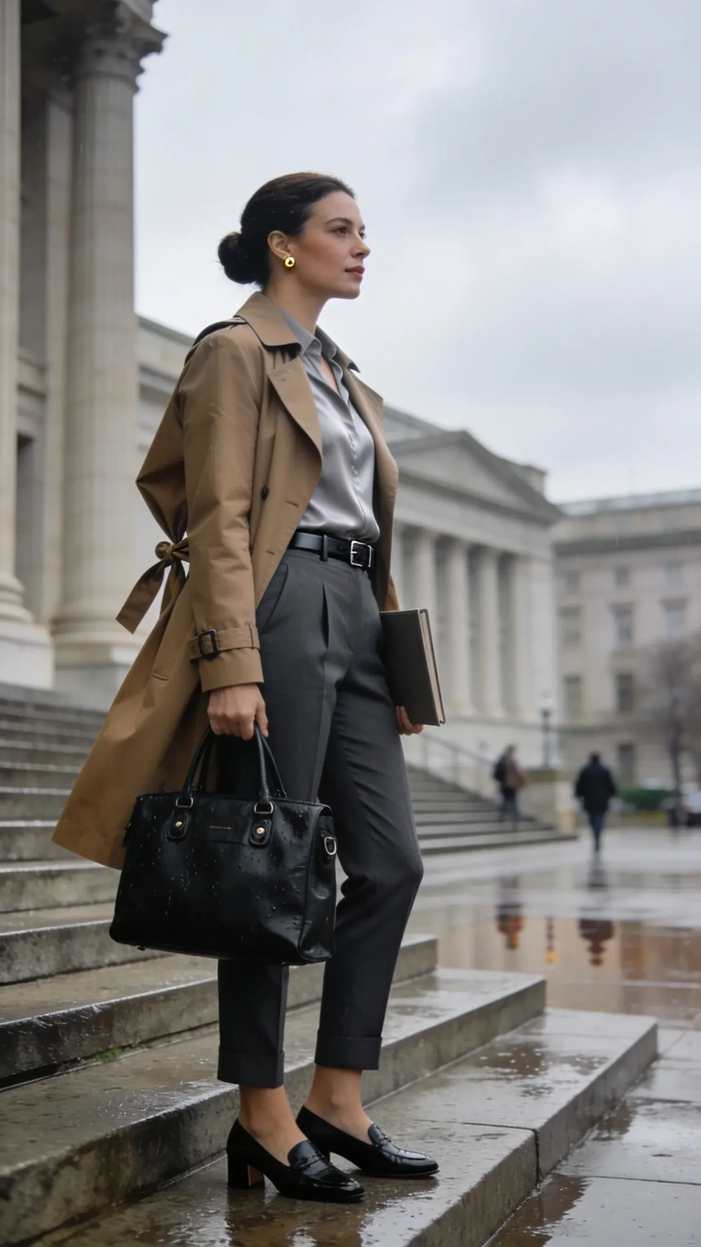 Realistic high-quality photo of a professional woman arriving early at a courthouse, dressed in a polished, courtroom-appropriate outfit. She is mid-30s, confident and composed, standing on the courthouse steps in soft morning light after a light drizzle (slightly wet stone, overcast sky). Outfit: tailored tan trench coat worn open with the belt neatly tied at the back, no flashy buttons; slim ankle trousers in deep gray with a sharp crease; matte silk shell in pale gray tucked in; black leather loafers with a low heel; slim black leather belt; tiny gold stud earrings; minimal natural makeup and a neat low bun. She carries a weather-proof, structured black leather tote with subtle hardware in one hand and a slim folder in the other. Background: stately courthouse facade with columns and wide steps, a few early arrivals blurred in the distance; soft reflections on the pavement, no signage. Photographic style: editorial street-style fashion photography, 50mm lens, eye-level angle, shallow depth of field, natural diffused light, crisp details on fabrics and textures, neutral color palette with understated elegance. No text.