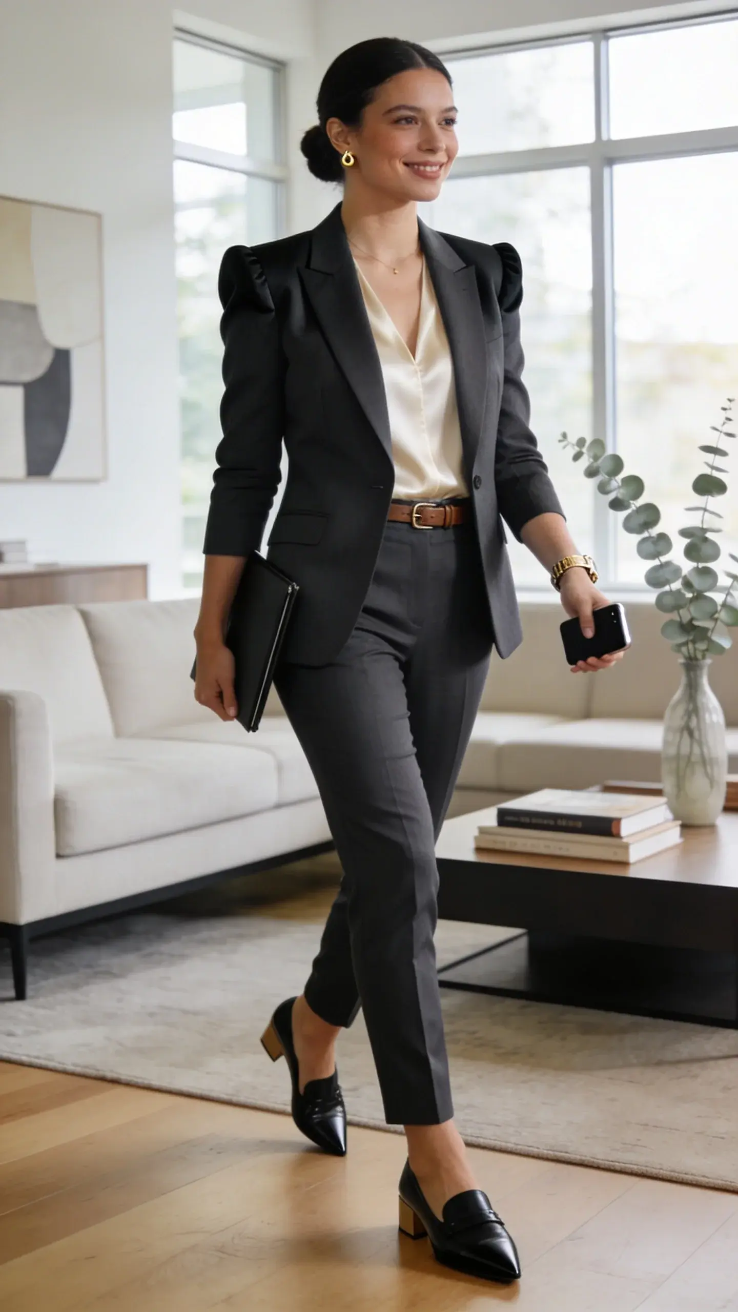 Realistic high-quality fashion photo of a confident female realtor in her early 30s standing in a bright, modern open-house living room with floor-to-ceiling windows, soft natural afternoon light, and tasteful staging (neutral sectional sofa, curated coffee table books, a vase with eucalyptus, minimal abstract art). She wears a sleek, tailored charcoal power suit: single-breasted blazer with subtle stretch, clean lapels, and structured shoulders; matching slim ankle-grazer trousers. Underneath, a cream silk shell with a soft sheen. Footwear: black pointed-toe loafers with a low block heel. Accessories: delicate gold stud earrings, a slim gold watch, and a thin leather belt. Hair in a polished low bun; natural, camera-ready makeup. She holds a slim black folio and a smartphone in one hand, slight smile, poised mid-step as if welcoming buyers. Depth of field emphasizes her outfit’s texture and fit, with gentle bokeh on the staged background. Color palette: charcoal, cream, black, warm wood tones. Shot on a full-frame camera, 50mm lens, f/2.8, cinematic composition, editorial lighting, crisp detail, no text.