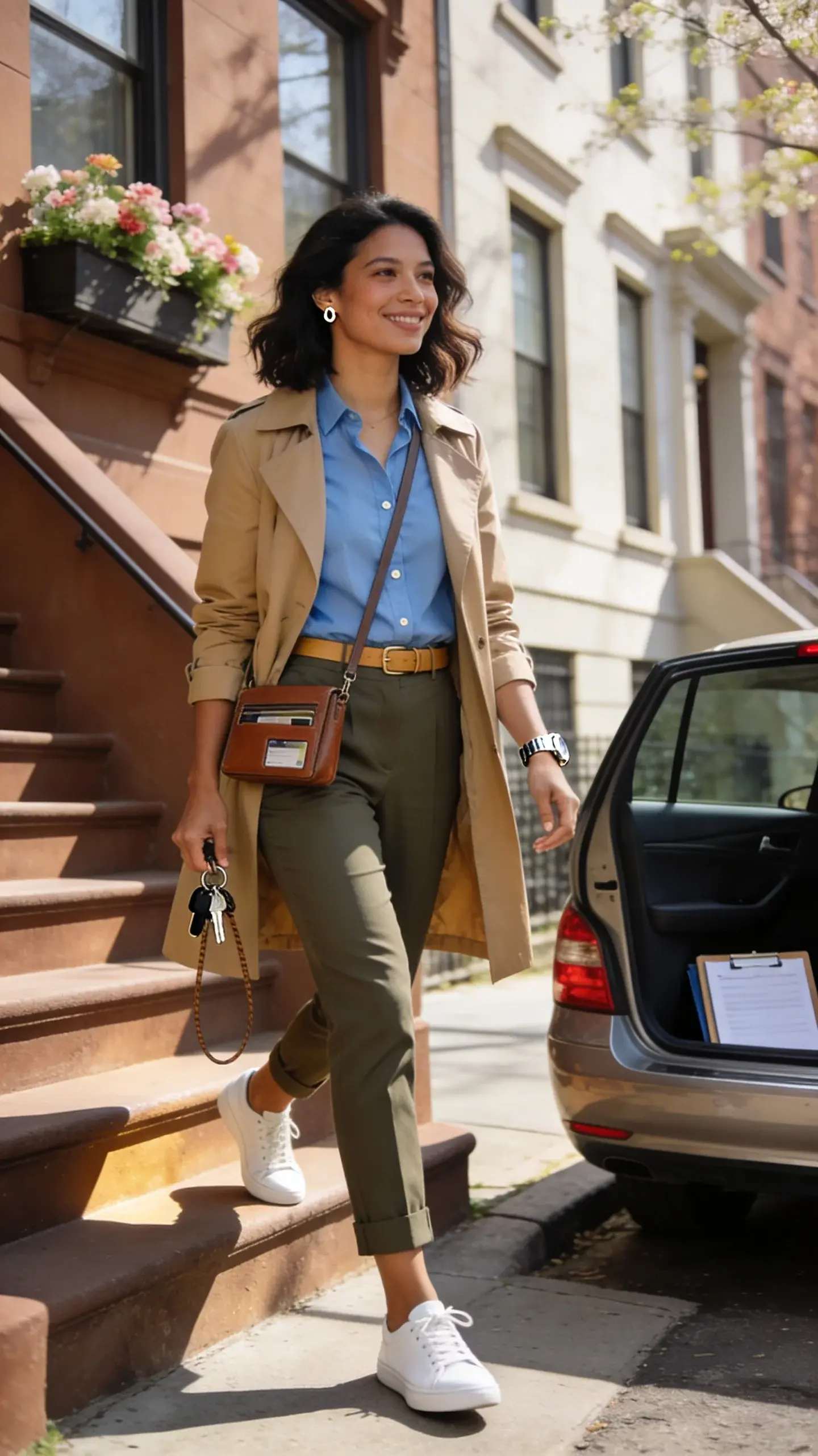 Realistic high-quality fashion photo of a professional woman realtor conducting weekend house showings: late 20s to late 30s, medium-warm skin tone, softly waved shoulder-length dark hair, minimal natural makeup, confident approachable smile. She’s walking up a sunlit brownstone stoop on a bright spring afternoon, juggling keys and a slim leather crossbody with visible card slot and key leash. Outfit: lightweight camel trench coat left open, sky-blue cotton-poplin button-down neatly tucked, high-rise cigarette pants in olive with a clean ankle break, comfortable white leather low-profile sneakers, classic slim stainless steel watch, delicate stud earrings, thin belt in tan. Styling emphasizes polished yet breathable comfort. Scene details: soft golden sunlight, subtle shadows, blooming window boxes, neutral-toned facade; a parked sedan curbside with open rear door and a neatly organized clipboard peeking from the crossbody. Photographic style: full-body candid mid-stride, shallow depth of field, crisp realistic textures on fabrics, true-to-life color palette that feels fresh but understated, no text, editorial street-style fashion photography, 50mm lens look, high resolution.