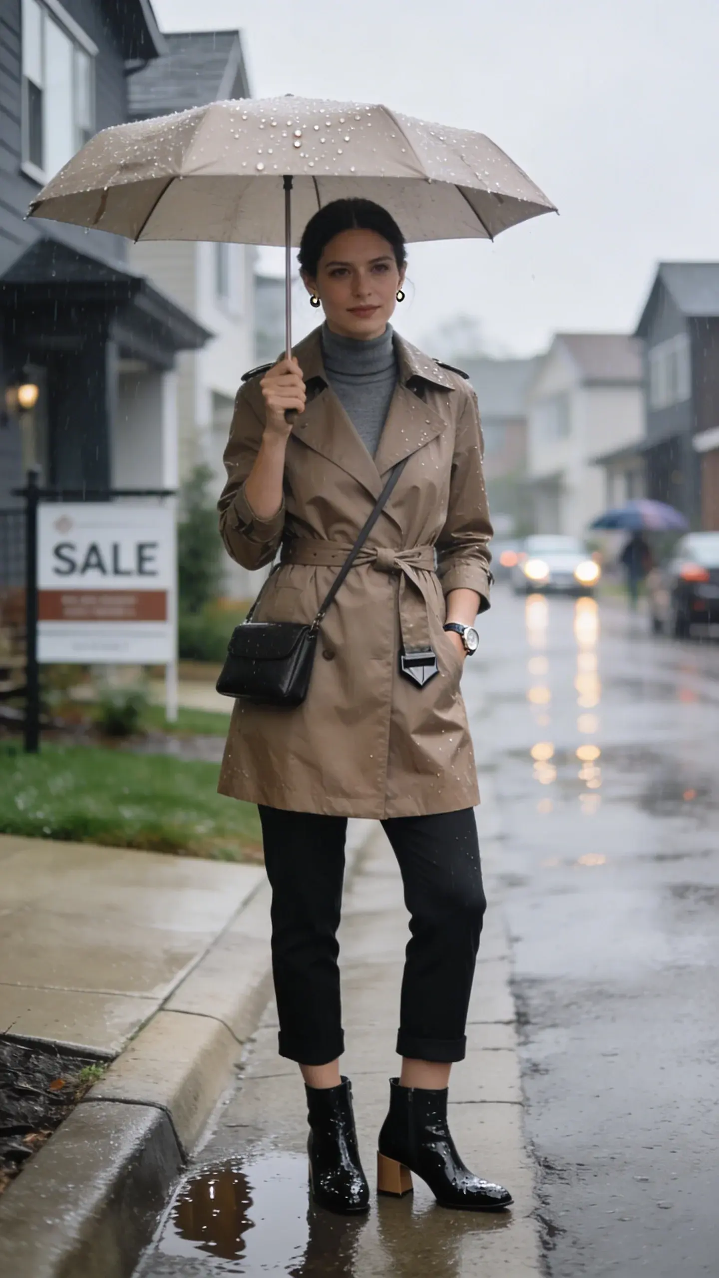 Realistic high-fashion street photograph of a professional female realtor standing curbside on a rainy city block, poised and confident as light drizzle falls. She’s the clear main subject: early 30s, polished makeup, neat low bun, holding a compact neutral-toned umbrella just above shoulder height. Outfit: a taupe water-repellent trench coat with belt cinched at the waist and visible storm flap, layered over a charcoal breathable merino turtleneck; ankle-skimming cropped straight-leg black pants to avoid wet hems; polished waterproof black leather ankle boots with a low block heel. Accessories: slim leather crossbody with wipe-clean finish, discreet watch, minimal stud earrings. Styling details: trench beads raindrops, subtle sheen on boots, no squeaks or splashes. Environment: upscale residential street with modern townhomes and a for-sale sign blurred in the background, slick reflective pavement, soft overcast light, gentle puddle reflections, bokeh of passing cars and umbrellas behind her. Color palette: neutrals and charcoals with soft taupe; no bright colors. Mood: composed, ready for showings despite the weather. Shot on a 50mm lens at f/2.8 for shallow depth of field, high-resolution, natural skin texture, crisp fabric detail, cinematic contrast, no visible text.
