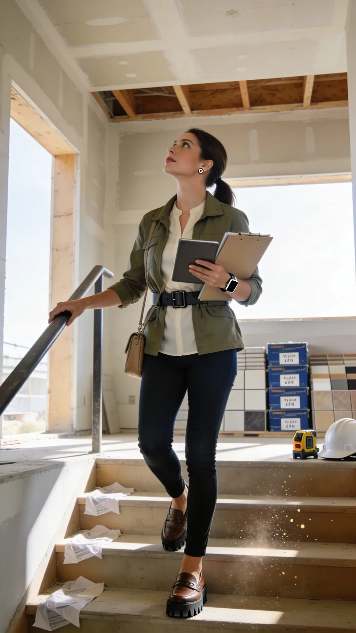 Realistic high-quality photo of a confident female realtor on a new-construction home tour, standing on a partially finished interior landing with raw drywall, exposed beams, and bright natural light streaming through large window openings. She’s mid-stride on a safe, wide staircase, holding a slim tablet and a neatly organized clipboard, glancing up to inspect ceiling finishes. Outfit: lightweight olive utility jacket with a cinched waist and matte hardware, worn over a breathable ivory performance blouse, paired with dark slim jeans (or structured ponte pants) that look polished yet flexible. Footwear: sturdy leather loafers with supportive soles. Accessories: minimal stud earrings, sleek smartwatch, and a compact crossbody in taupe. Hair in a tidy low ponytail, natural makeup. Hands clean but ready—one hand steadying the rail, the other holding the tablet. Environment details: protective paper on some steps, faint dust motes in sunbeams, stacked tile boxes and neatly labeled upgrade samples in the background, a laser measure and hardhat placed nearby for context. Color palette: olive, tan, ivory, dark indigo, and soft neutrals. Shot style: candid editorial, 50mm lens, shallow depth of field, soft diffused lighting, crisp textures on fabrics and wood, no text.