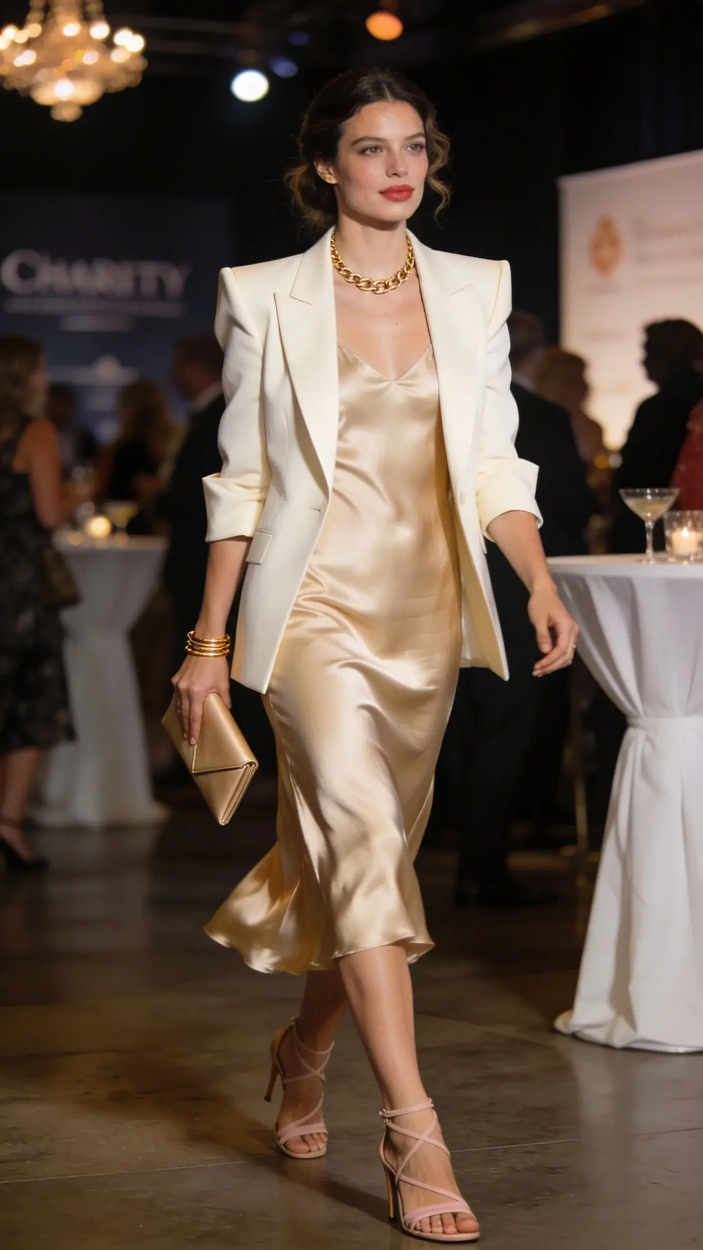 Ultra-realistic editorial fashion photo of a sophisticated woman at a charity fundraiser soirée, wearing a midi silk slip dress in champagne with a soft bias-cut drape that skims the body (not clingy), layered under a single-breasted cream blazer with sharp shoulders and a slightly relaxed fit. She pairs it with nude strappy heeled sandals, a delicate gold chain necklace, thin gold bangles, and a minimal champagne-toned envelope clutch held in one hand. The scene is an upscale indoor venue with moody evening lighting, soft bokeh chandeliers, and subtle event signage blurred in the background; hints of elegantly dressed guests and white-linen cocktail tables suggest the fundraiser setting. The model has softly waved hair tucked behind one ear, dewy natural makeup with a muted rose lip, and a confident, effortless posture mid-stride. Emphasize the fluid movement of the silk as she walks, the refined texture contrast between satin slip and structured blazer, and the glint of jewelry. Photographed at eye level with a 50mm lens, shallow depth of field, high dynamic range, realistic skin texture, crisp fabric detail, no text.
