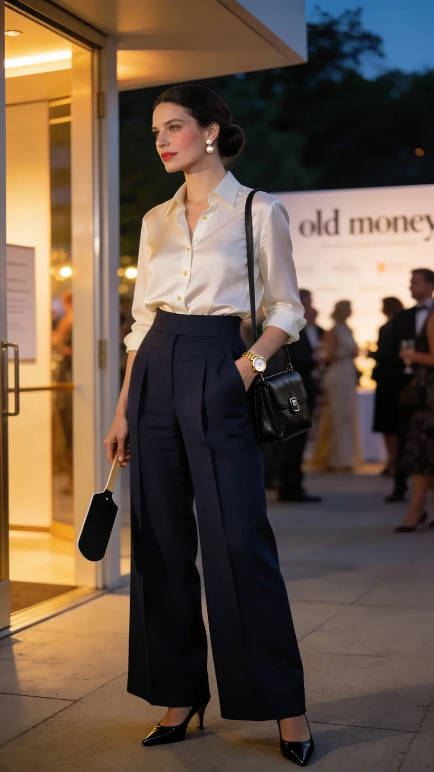 Realistic high-fashion street-style photo of a poised woman at a chic evening fundraiser, embodying “old money” elegance. She wears high-waisted wide-leg trousers in deep navy with a perfectly tailored drape and crisp front crease, paired with an ivory silk button-up blouse half-tucked for effortless shape. Footwear: black pointed-toe low heels. Accessories: small pearl stud earrings, a slim gold watch, and a structured black leather shoulder bag with minimal hardware. She stands near a softly lit modern auction venue entrance with warm ambient lighting, blurred attendees in cocktail attire in the background, and subtle event signage out of focus. She casually slips one hand into a trouser pocket, the other lightly holding an auction paddle at her side. Hair in a sleek low chignon, natural makeup with soft blush and neutral lip. Fabric textures are clearly visible: fluid sheen of silk, matte richness of wool, polished leather shoes. Color palette: navy, ivory, black, and gold accents. Shot on a 50mm lens at golden hour transitioning to evening, shallow depth of field, high-resolution, editorial style, no text.