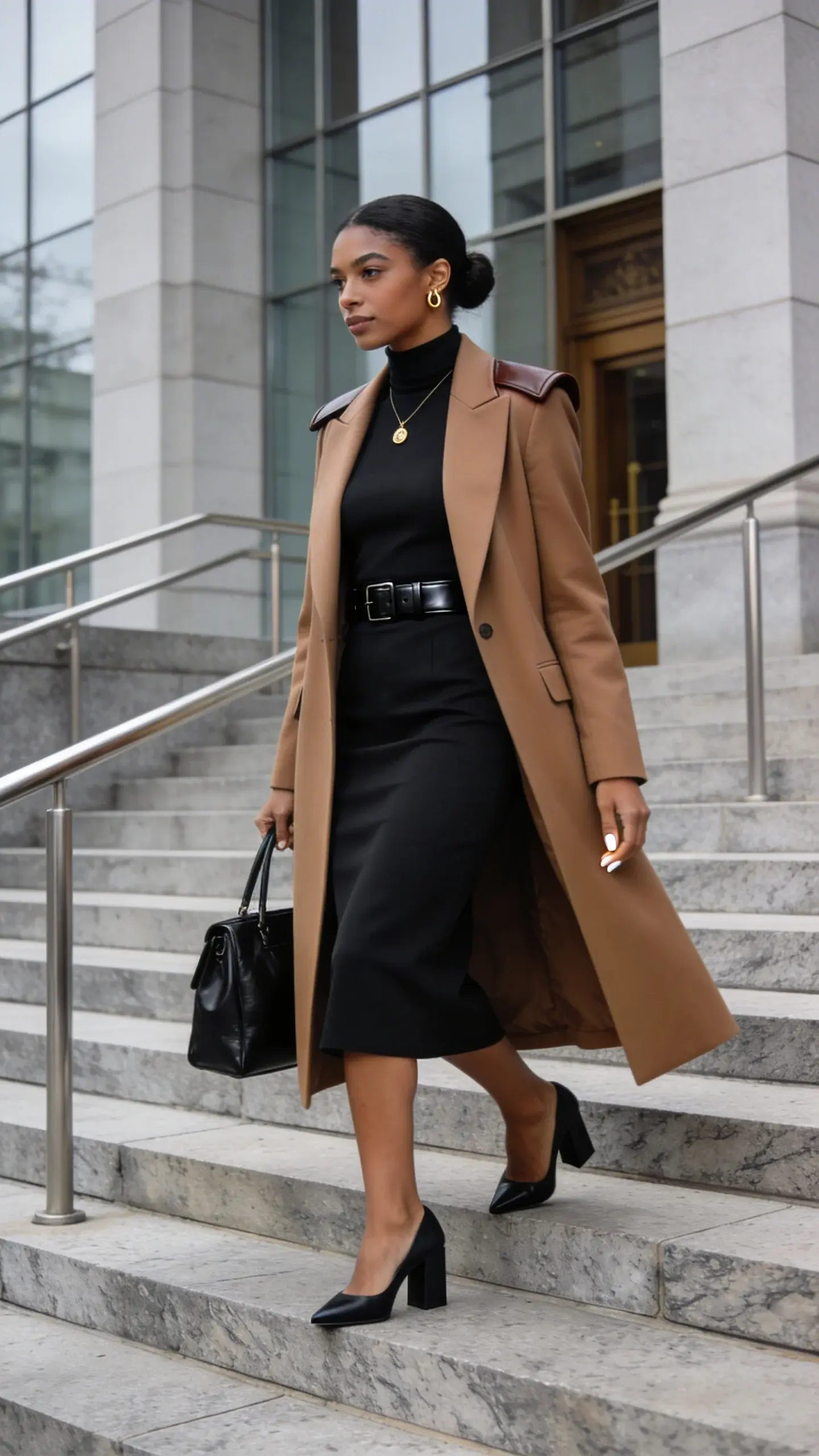 Realistic editorial street-style photo outside a modern courthouse: a confident professional woman in her early 30s, medium-dark skin tone, natural makeup, neatly groomed brows, and a sleek low bun, walking up wide granite steps. She wears a fitted black midi sheath dress with a high neckline that hits mid-calf, topped with a long, sharply tailored camel coat (knee-length, clean lapels, lightly structured shoulders) creating a sleek monochrome column. Add a slim black leather belt cinching the waist, simple gold pendant necklace, small gold hoop studs, and a classic black leather medium satchel carried in-hand. Footwear: black block-heel pumps with a 2–2.5 inch heel. Light neutral manicure. The scene is shot in soft overcast daylight for even skin tones; background features glass-and-stone courthouse facade, brushed metal railings, and subtle depth of field. Color palette: black, charcoal, camel, and deep brown leather accents. Styling emphasizes minimalism and polish; coat drapes cleanly without gaping, dress smooth with no wrinkles. High-resolution, full-body, three-quarter angle, natural pose mid-stride, no text, photorealistic.
