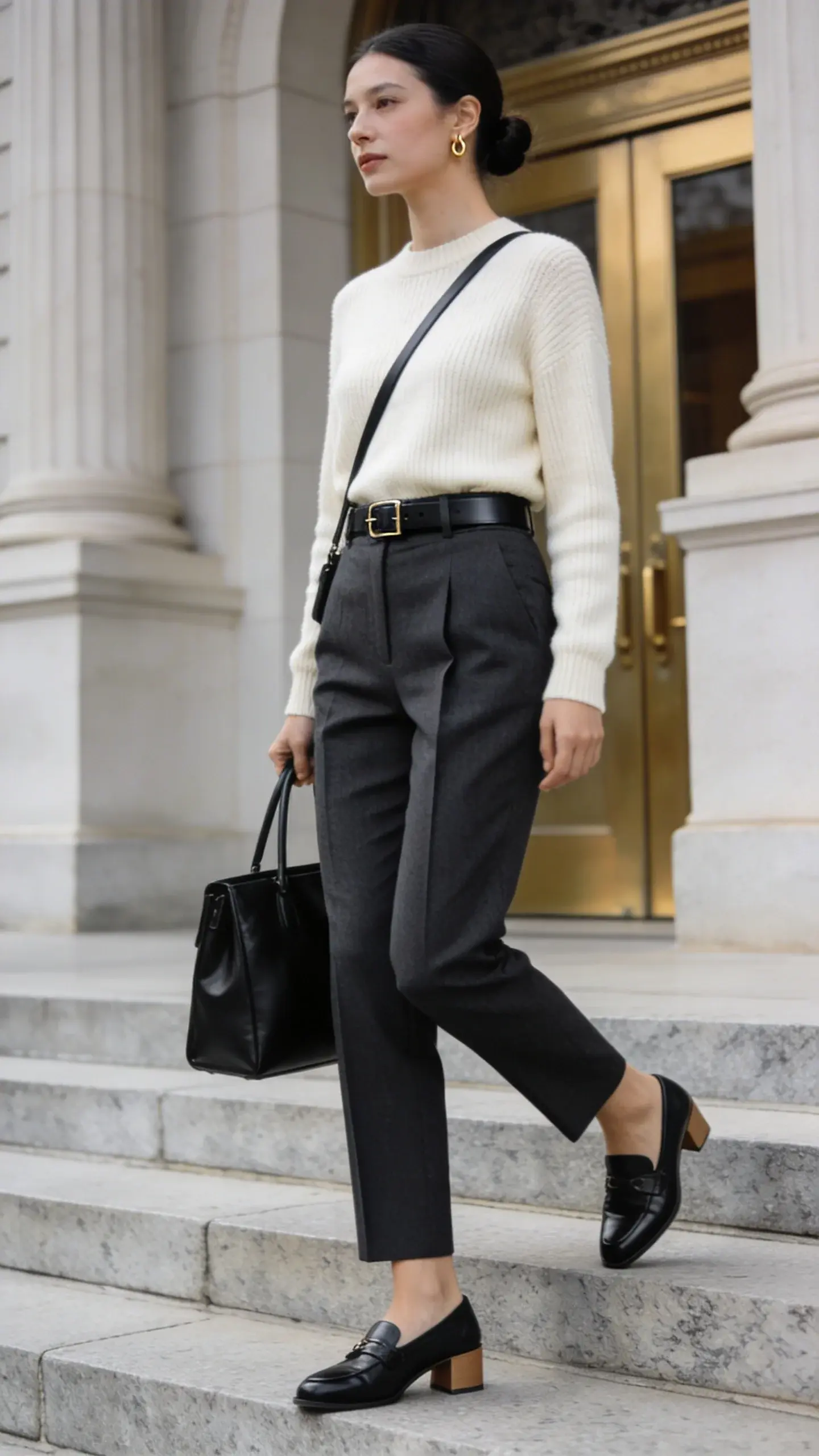Realistic, high-resolution street-to-courthouse style photograph of a professional woman outside a courthouse entrance, walking up shallow granite steps with neoclassical columns and brass doors softly out of focus behind her. She wears a fine-gauge knit sweater in soft cream, front-tucked into high-waisted charcoal wool trousers with a sharp crease. Black leather loafers with a subtle low block heel, a slim black leather belt with minimal hardware, and delicate small gold hoop earrings. She carries a structured black leather tote in one hand and a slim crossbody strap draped neatly across her torso. Natural daylight with gentle overcast for soft shadows; color palette of creams, charcoals, and black for a polished, courtroom-appropriate look. Hair is neatly pulled back in a low bun; minimal makeup with a satin finish. Candid, mid-stride pose, confident posture, clean lines, no logos, no text. Shot on a full-frame camera, 50mm lens, shallow depth of field (f/2.8), crisp detail on fabric textures and leather grain, editorial fashion photography style.