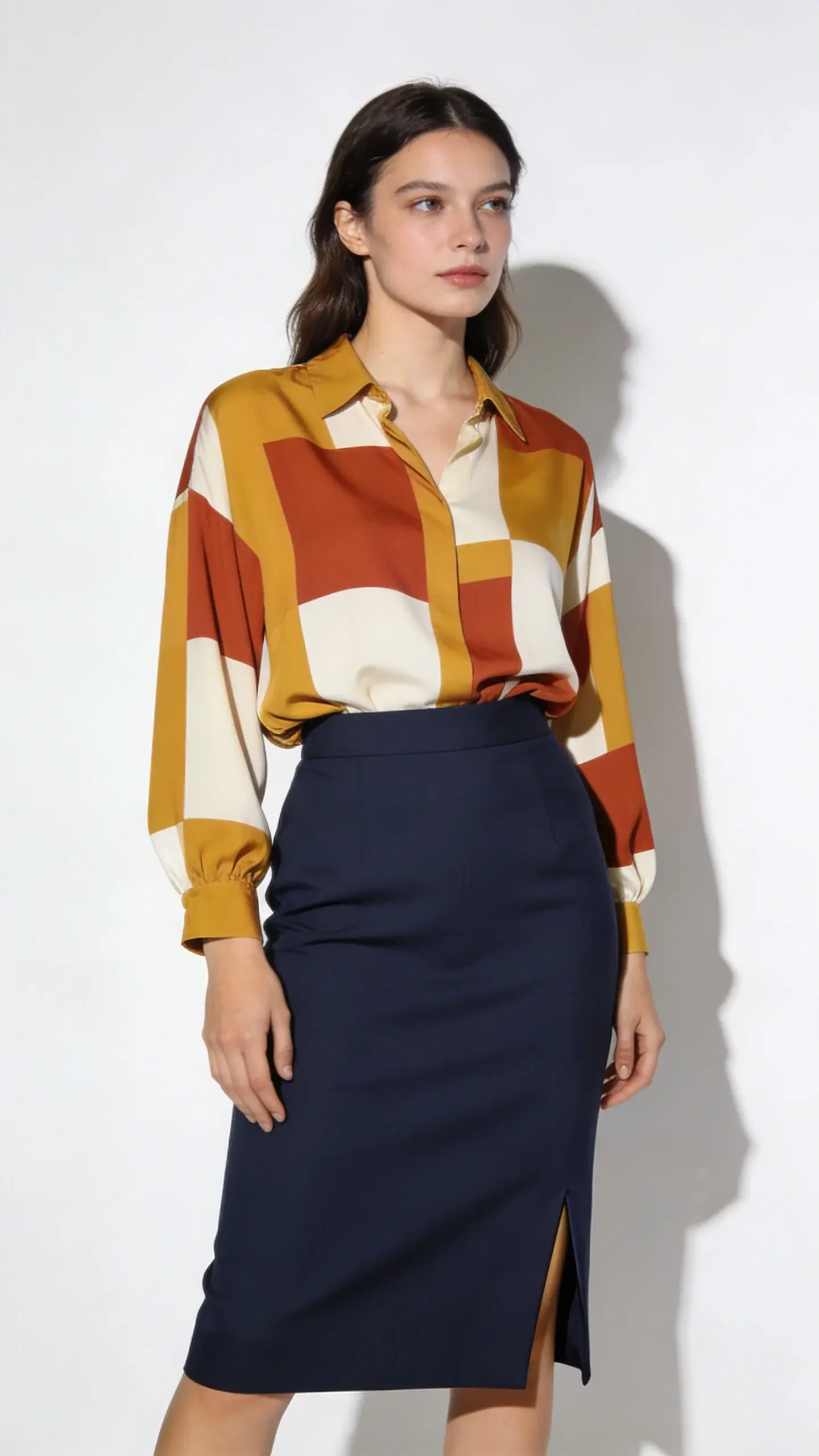 High-quality photo representing: 4. Print-Blocked Blouse and Pencil Skirt That Balances Personality and Poise