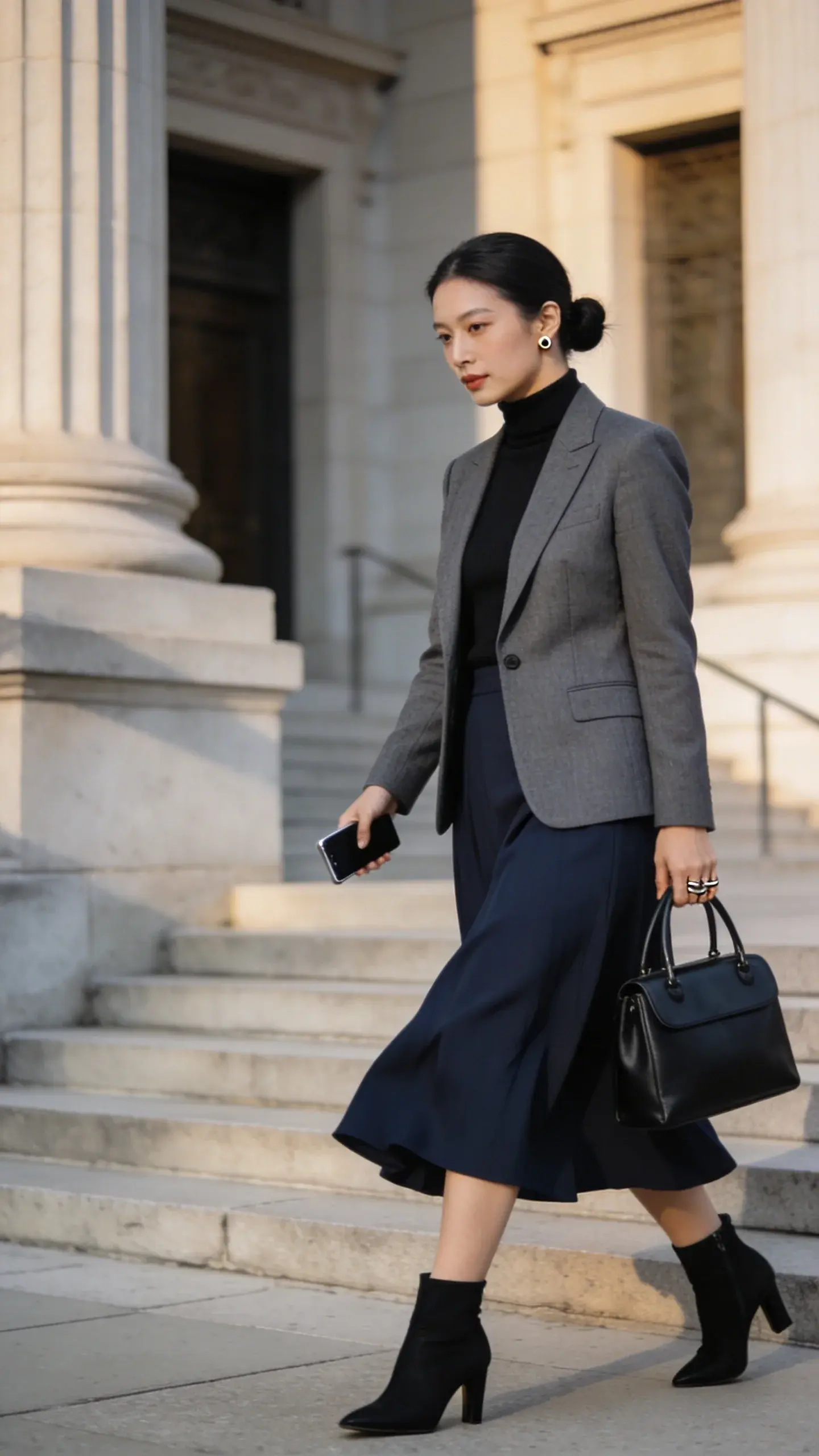 Realistic high-quality street-style photo of a professional woman leaving a stately courthouse with stone steps and columns in soft late-afternoon light. She wears a tailored single-breasted blazer in charcoal over a fine-gauge black turtleneck, paired with a flowing A-line midi skirt in deep navy that moves naturally as she walks. On her feet: sleek black heeled ankle boots. She carries a structured black top-handle bag in her left hand, a slim phone in the right. Minimal jewelry: slim ring stack and small understated earrings. Hair is neatly pulled back into a low bun, polished natural makeup. The look is clean and modern, with subtle texture contrast between the blazer’s suiting fabric and the skirt’s fluid drape. Background softly blurred to emphasize subject; color palette neutral and sophisticated. Shot at eye level, slightly off-center framing, crisp focus, natural shadows, no text.
