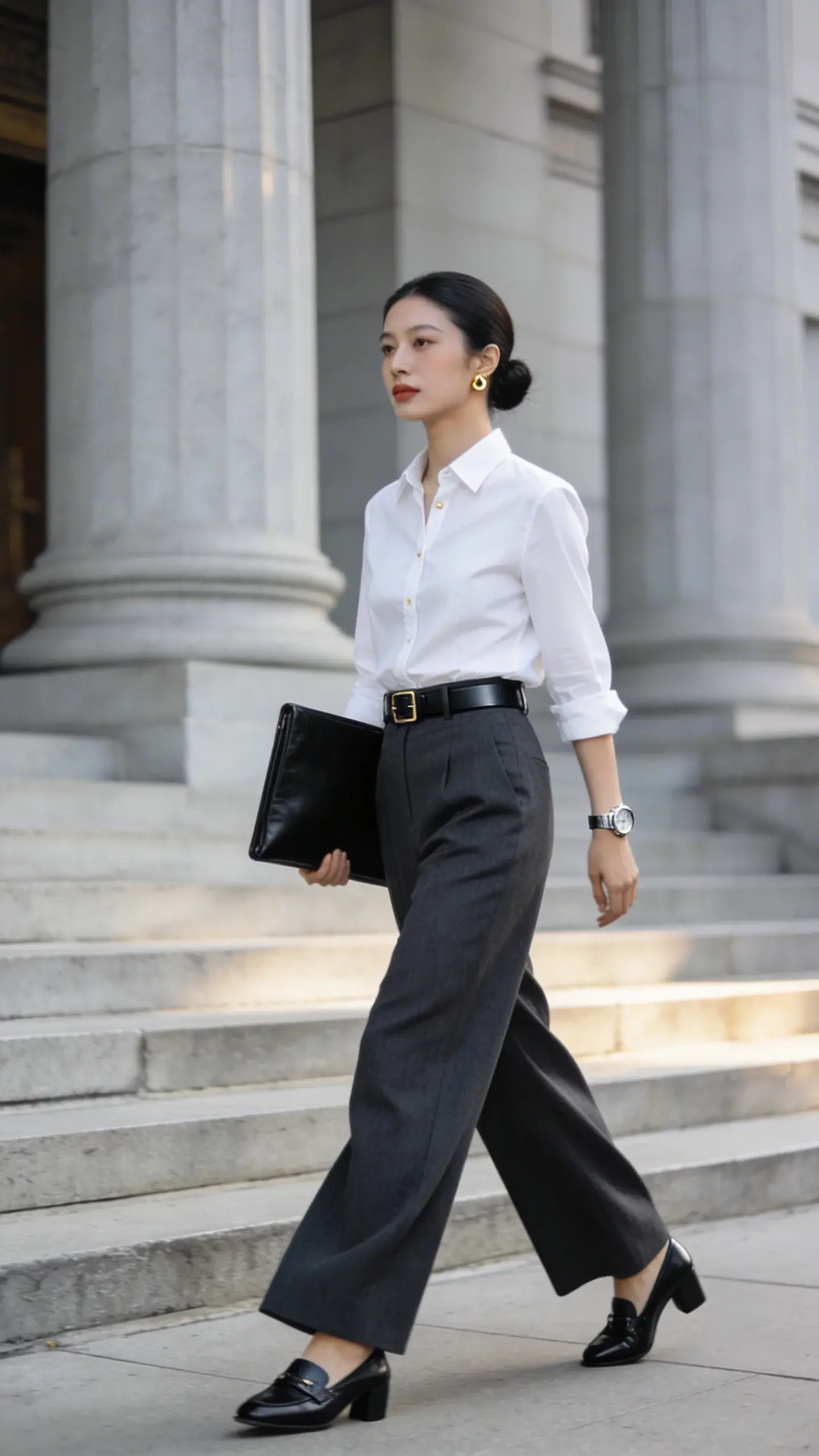 Realistic, high-resolution fashion photograph of a professional woman outside a courthouse, exuding executive presence. She wears a perfectly pressed white cotton poplin button-down tucked into high-waisted, wide-leg charcoal wool trousers that skim the floor. Add a slim black leather belt with a minimal buckle, low-heeled black leather loafers, subtle gold stud earrings, and a sleek stainless-steel watch. She carries a structured black leather portfolio (or slim tote) in one hand and walks with confident posture. Hair is neatly pulled into a smooth low bun; natural, polished makeup with soft matte skin and neutral lip. Set on the courthouse steps with light gray stone columns and shallow steps in soft morning light; shallow depth of field to blur the background. Color palette: white, charcoal, black, and hints of silver/gold hardware. Emphasize crisp shirt texture, tailored trouser drape, and clean lines. Shot on full-frame camera, 50mm lens, eye-level composition, editorial street-style aesthetic, no text, ultra-detailed, photorealistic.