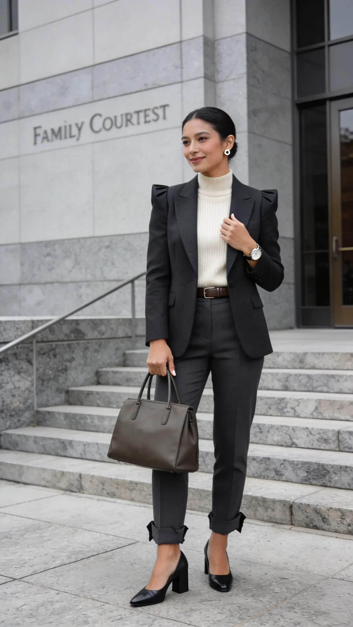 Realistic high-quality photo of a confident adult standing outside a modern family courthouse, looking composed and respectful. Main subject: a professional-looking parent in their 30s, medium skin tone, neat grooming, natural makeup, subtle jewelry. Outfit: tailored single-breasted blazer in deep charcoal with sharp shoulders and clean lines; fine-gauge mock-neck sweater in soft cream; straight-leg trousers in a matching charcoal tone with a slight break; low block-heel leather pumps in black; slim leather belt and structured medium-size tote in dark taupe. Styling details: minimal accessories (simple stud earrings, classic watch), neatly styled hair pulled back, natural nails. Environment: courthouse steps with granite facade, soft overcast daylight, shallow depth of field. Pose: standing three-quarters to camera, one hand holding the tote, the other adjusting the blazer lapel, calm half-smile. Color palette: charcoal, cream, and muted neutrals. Photographic style: editorial street-style portrait, crisp focus on textures (wool blazer, fine-knit sweater), realistic skin tones, no text.