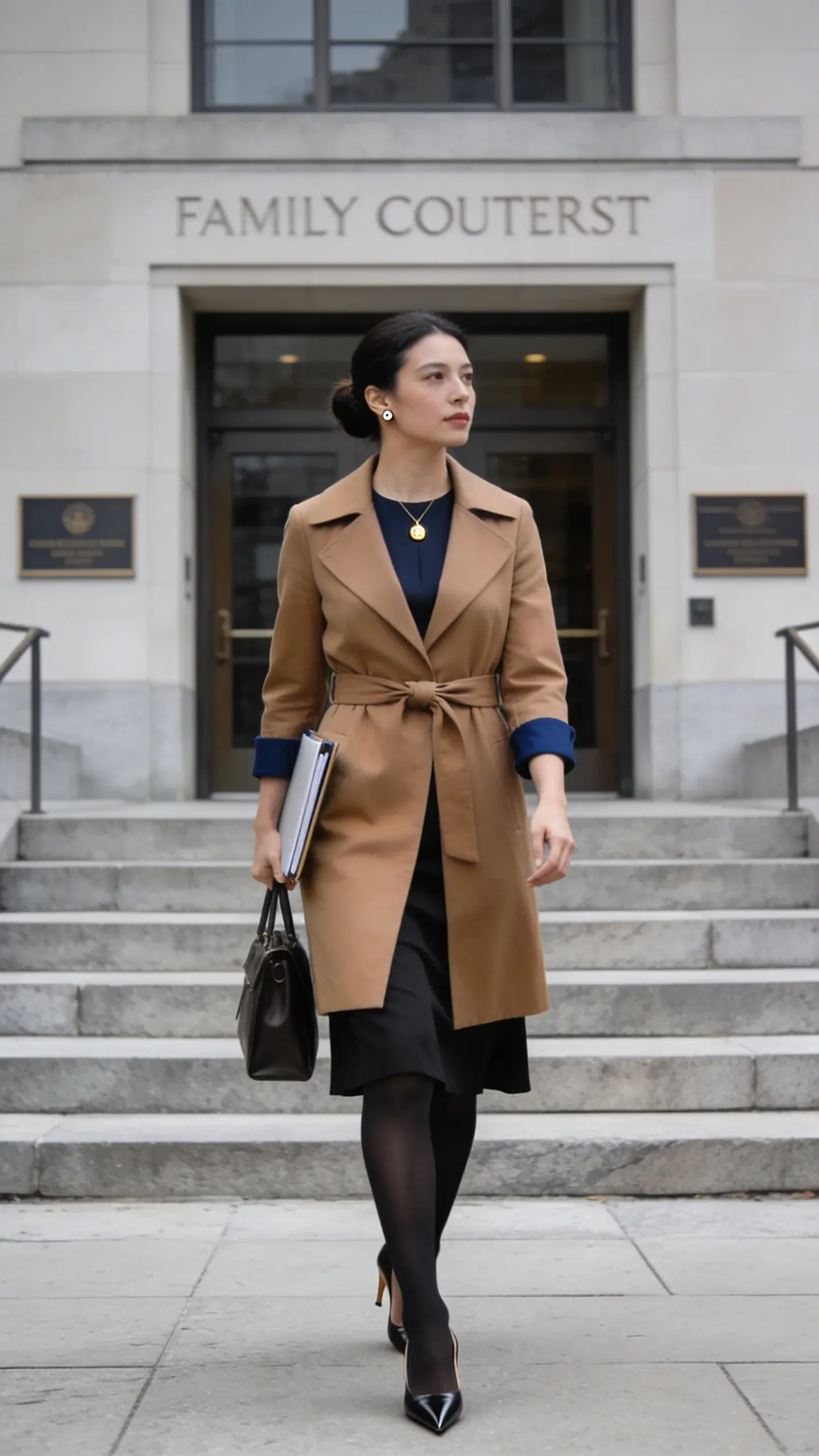 Realistic high-quality photo of an adult woman confidently walking toward a family courthouse entrance on an overcast weekday morning, dressed in a structured midi dress with sleeves and a modest neckline, layered under a tailored belted coat in camel. She wears black opaque tights and pointed-toe low-heel court shoes, with a delicate gold pendant necklace and small stud earrings. She carries a slim leather tote and a neatly organized folder, hair in a smooth low bun, natural makeup. The courthouse backdrop includes wide stone steps, subtle legal signage, and neutral modern architecture; no other people in close focus. Lighting is soft and diffused, emphasizing clean lines and muted tones (camel, navy accents, charcoal, black). Composition is waist-up to mid-thigh as she steps forward, coat belt neatly tied, dress hem just below the knee, minimal movement in fabric. Photographic style: editorial street-style portrait, 50mm lens, shallow depth of field, crisp detail, natural color grading, no text.