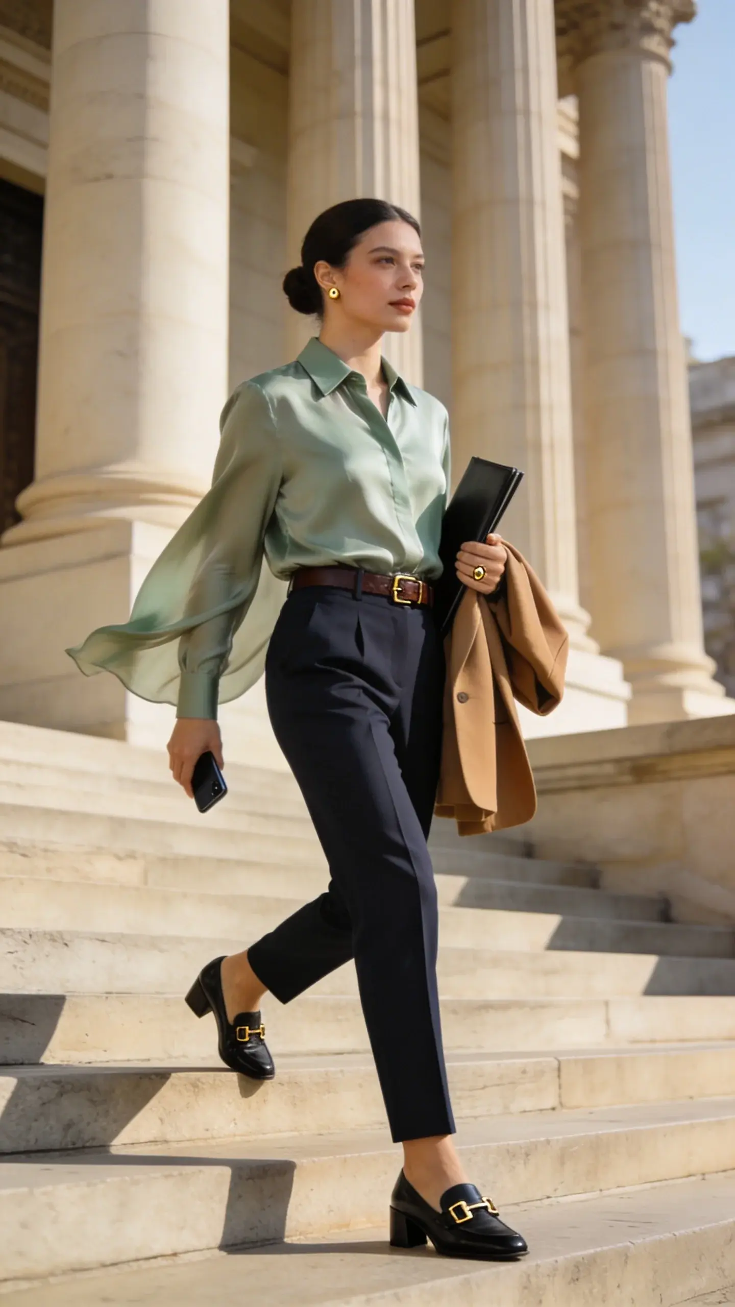 Realistic high-resolution fashion photograph of a poised female attorney walking up the courthouse steps on a warm, sunny day, dressed in a breathable, polished outfit: matte silk blouse in pale sage with a subtle matte finish and a soft drape, slightly relaxed fit with a clean band collar and concealed placket, neatly half-tucked into high-waisted tailored trousers in deep navy with sharp front creases and a slim straight leg. She wears low-heel black leather loafers with a minimal gold bar detail, a slim dark brown leather belt with a small understated buckle, and carries a structured camel blazer folded over her forearm for courtroom readiness. Accessories are discreet: small gold stud earrings and a single sleek gold ring. Hair is smooth and pulled into a low, tidy bun; natural, polished makeup with soft matte skin and neutral lip. She holds a slim black leather portfolio and a phone, exuding calm confidence. The courthouse setting features pale stone columns, broad steps, and soft late-morning light; a light breeze adds gentle movement to the blouse fabric. Color palette: sage, navy, camel, black, and warm stone. Shot on a full-frame camera, 50mm lens, shallow depth of field with the background softly blurred, crisp textures of silk and wool visible, no text.